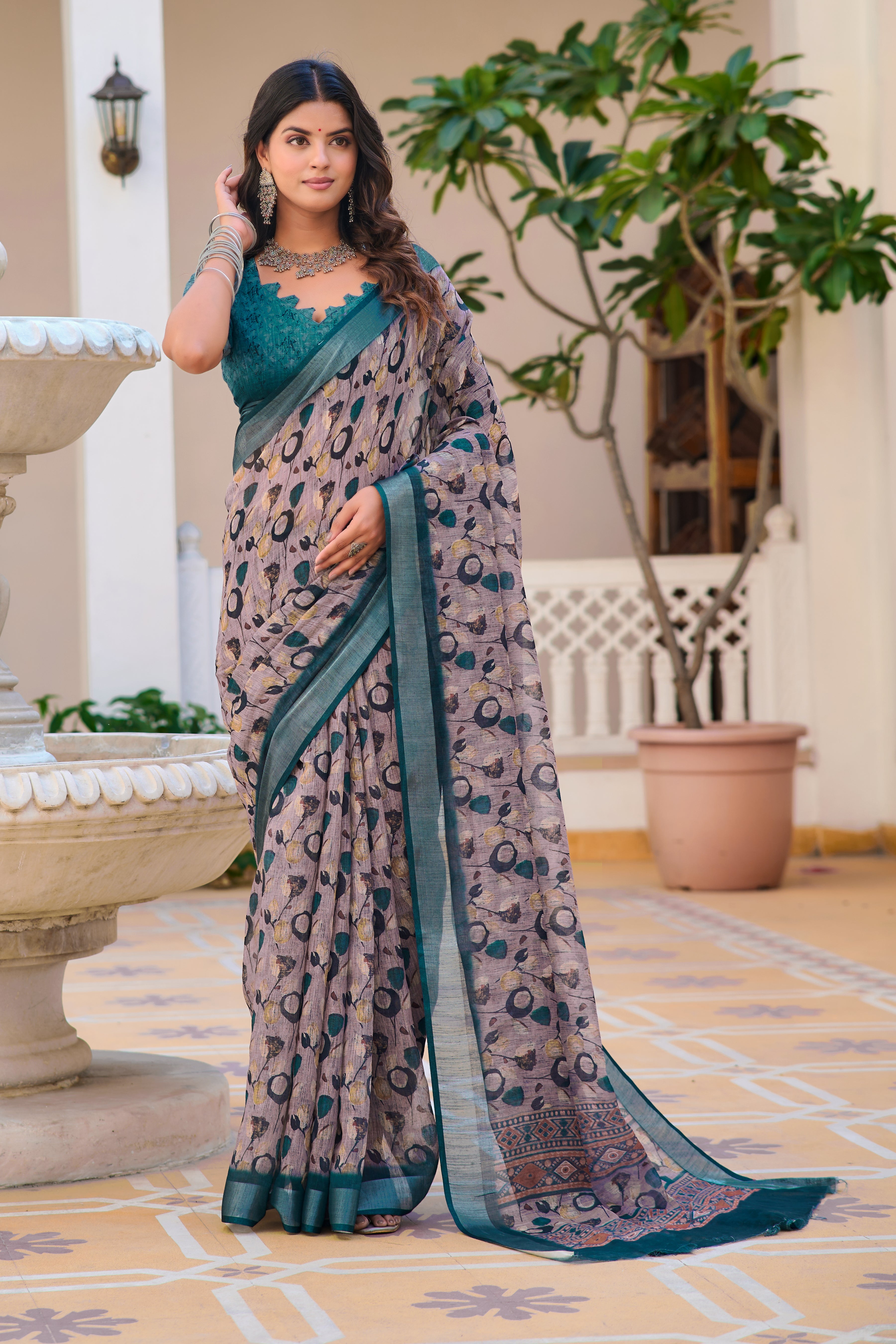 Luxury Coffee Color Color Pure Cotton Lilen With Digital Printed Designer Saree