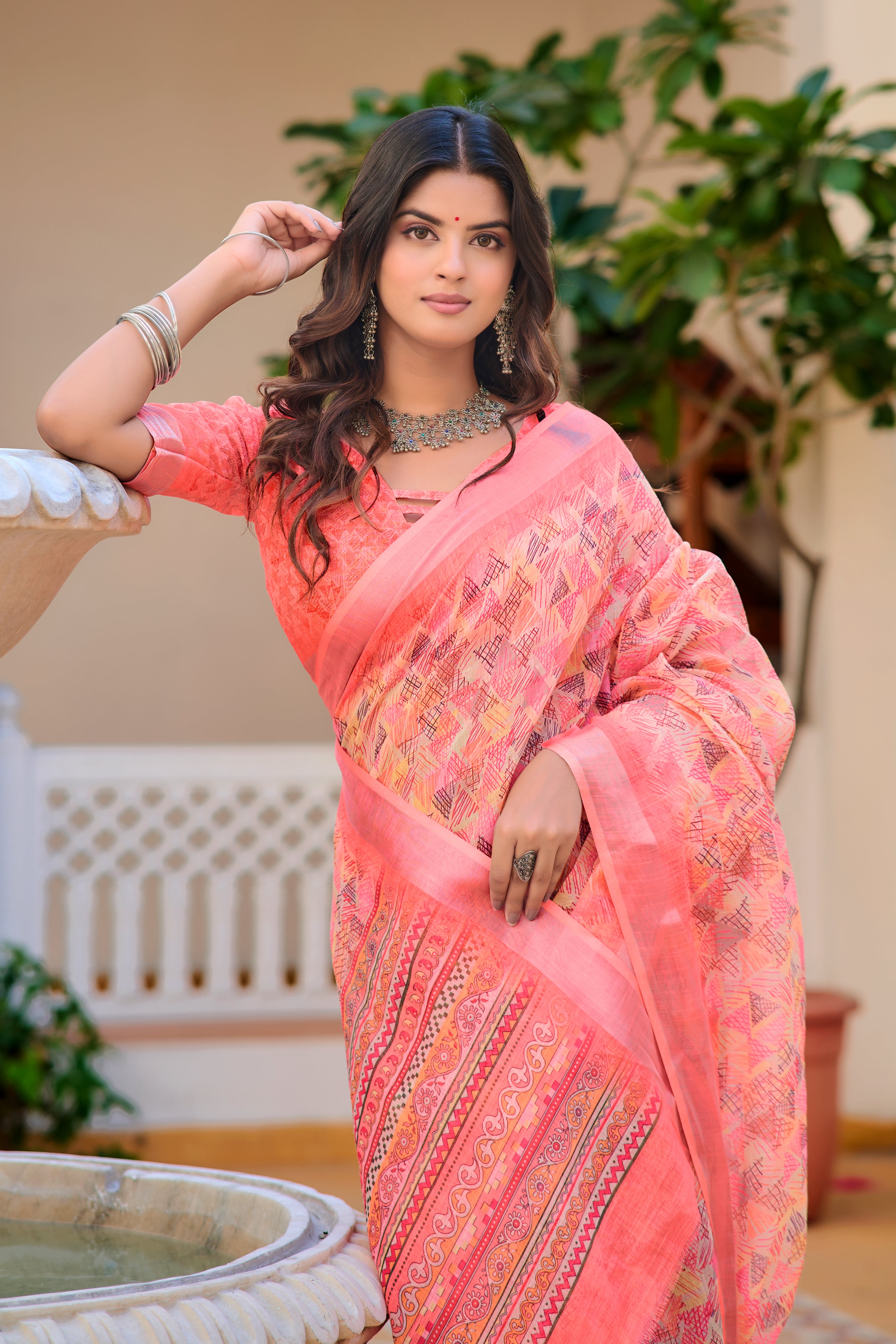 Charming Peach Color Color Pure Cotton Lilen With Digital Printed Designer Saree