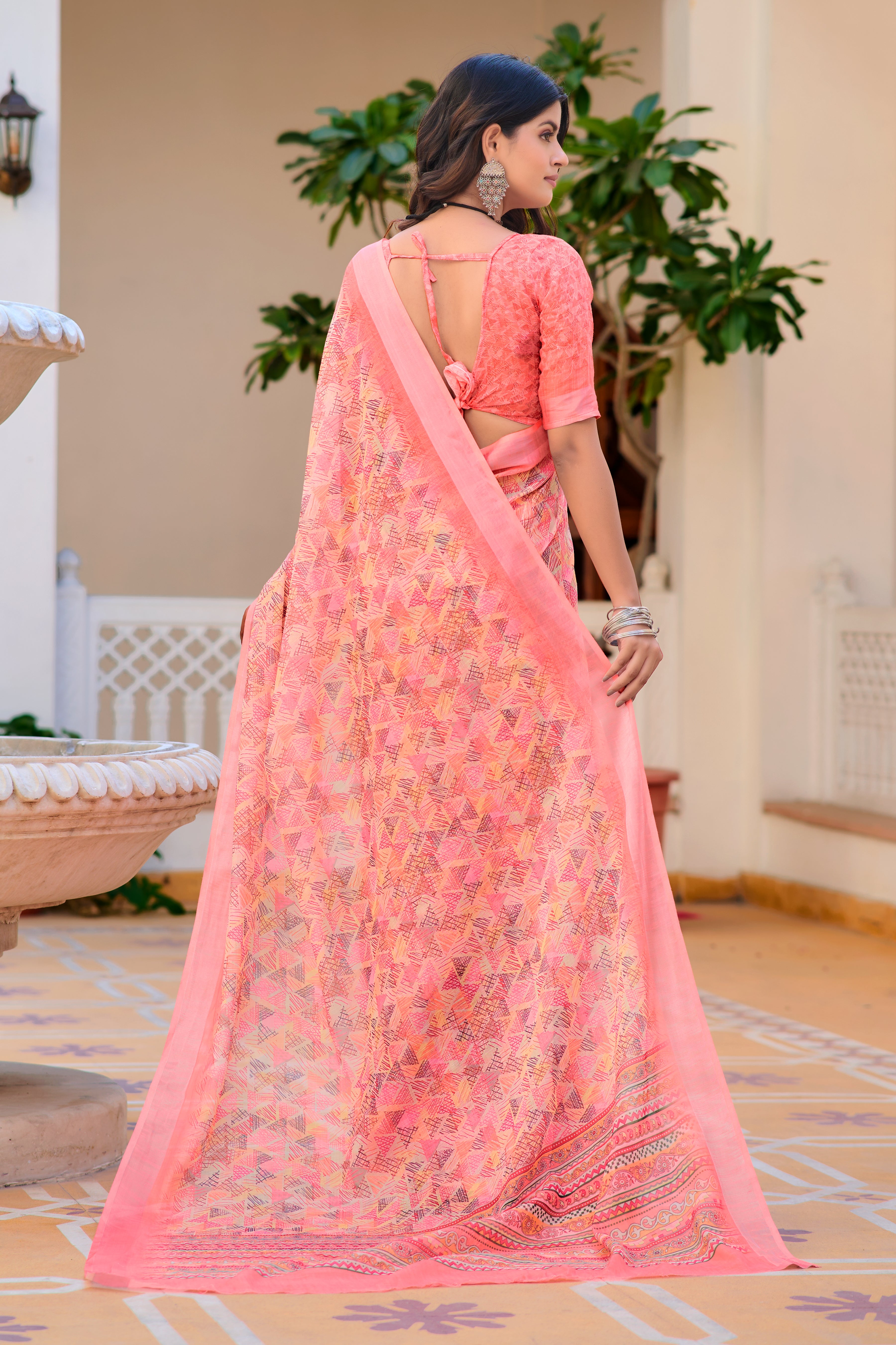 Charming Peach Color Color Pure Cotton Lilen With Digital Printed Designer Saree