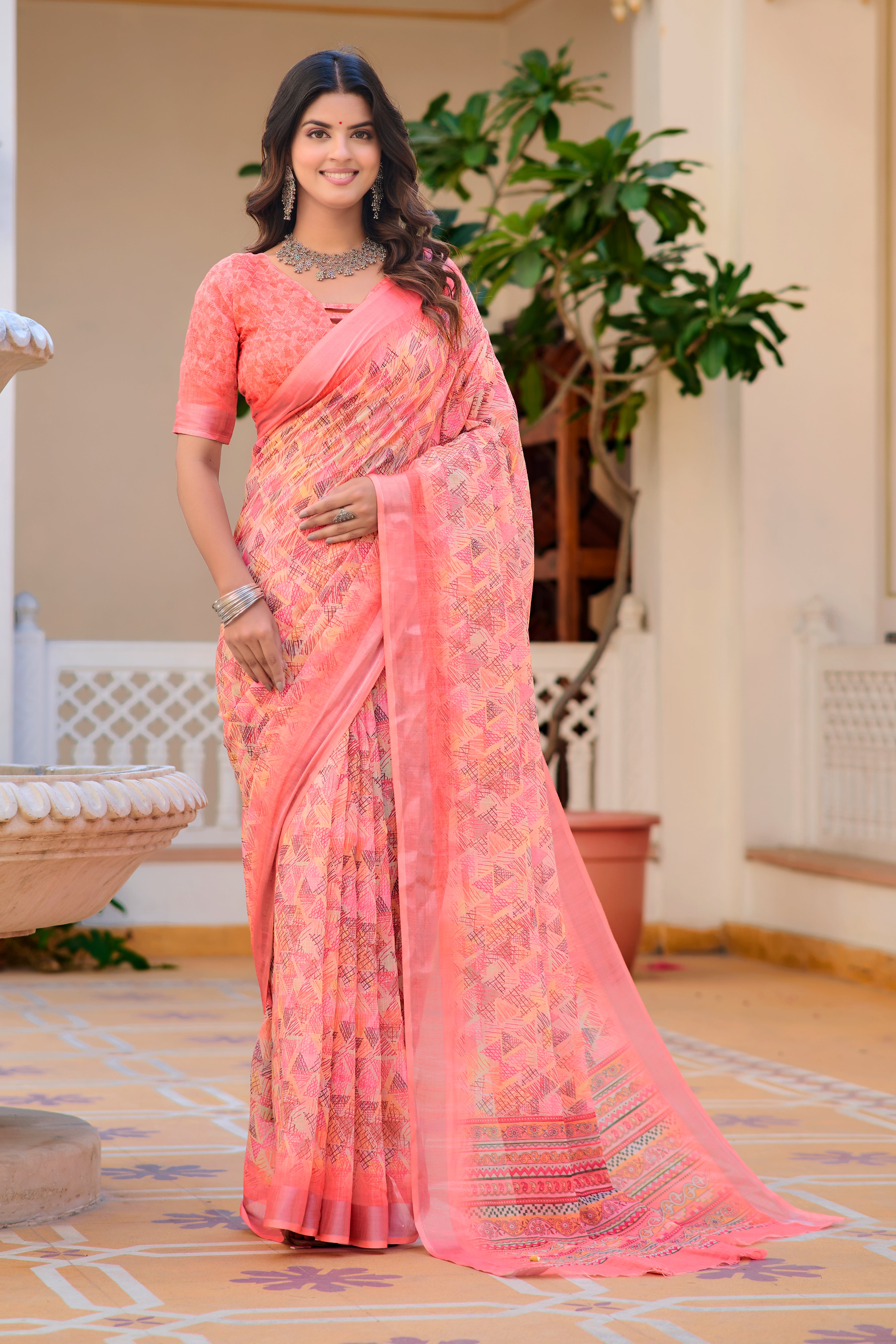 Charming Peach Color Color Pure Cotton Lilen With Digital Printed Designer Saree