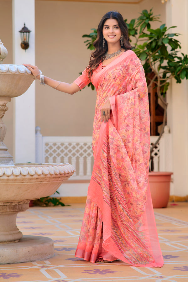 Charming Peach Color Color Pure Cotton Lilen With Digital Printed Designer Saree