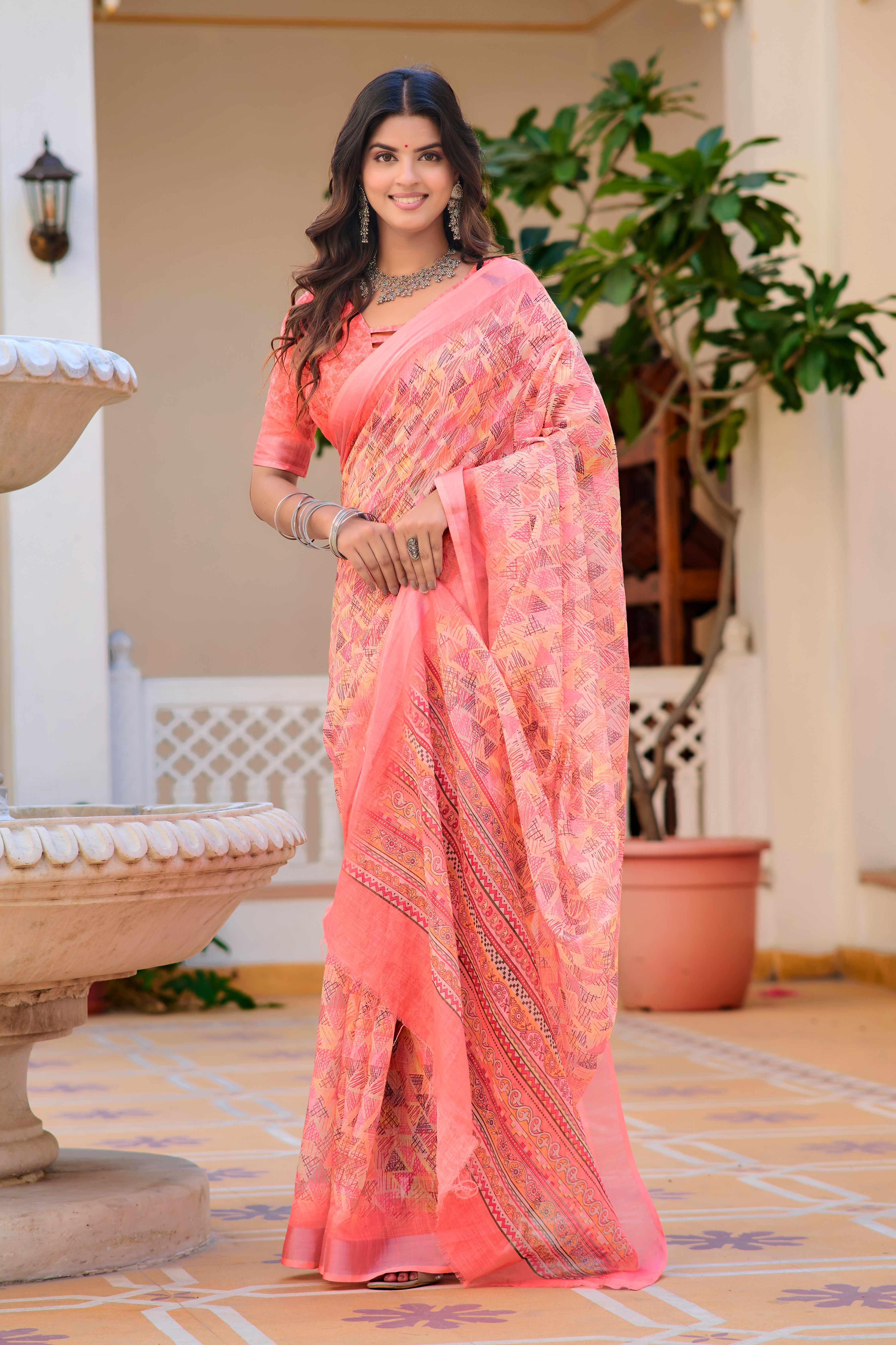 Charming Peach Color Color Pure Cotton Lilen With Digital Printed Designer Saree