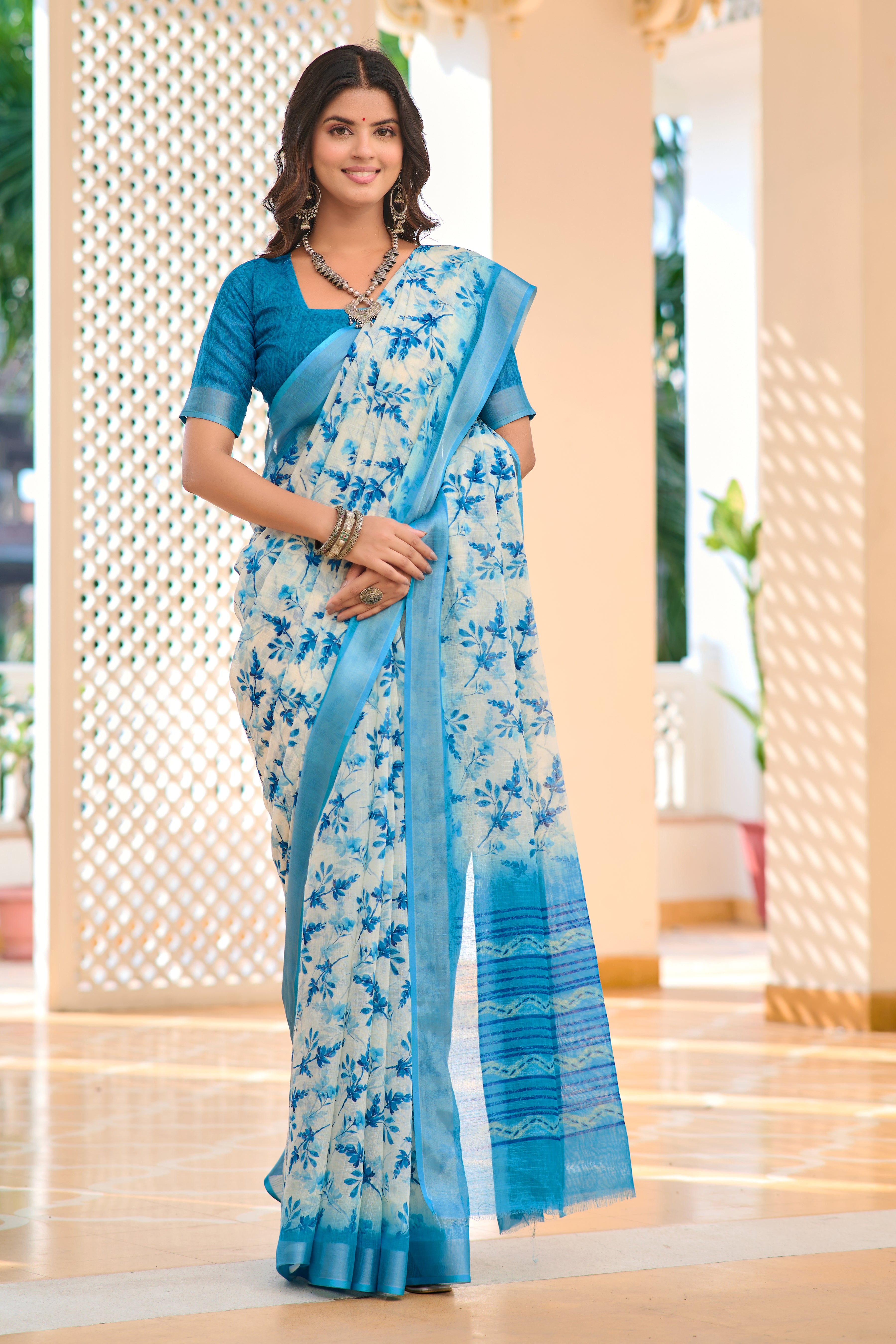 Glimmering Sky Blue Color Color Pure Cotton Lilen With Digital Printed Designer Saree