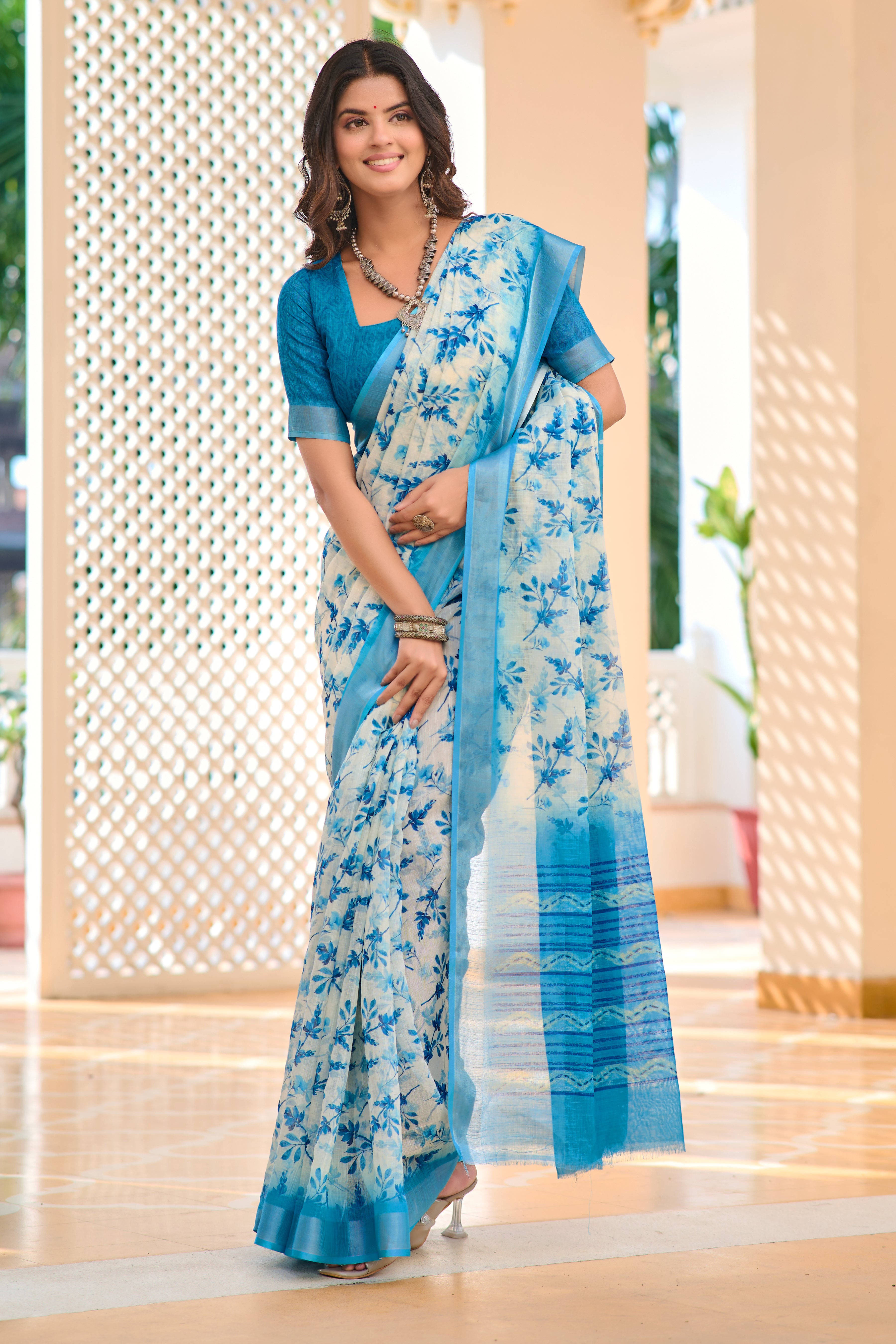 Glimmering Sky Blue Color Color Pure Cotton Lilen With Digital Printed Designer Saree