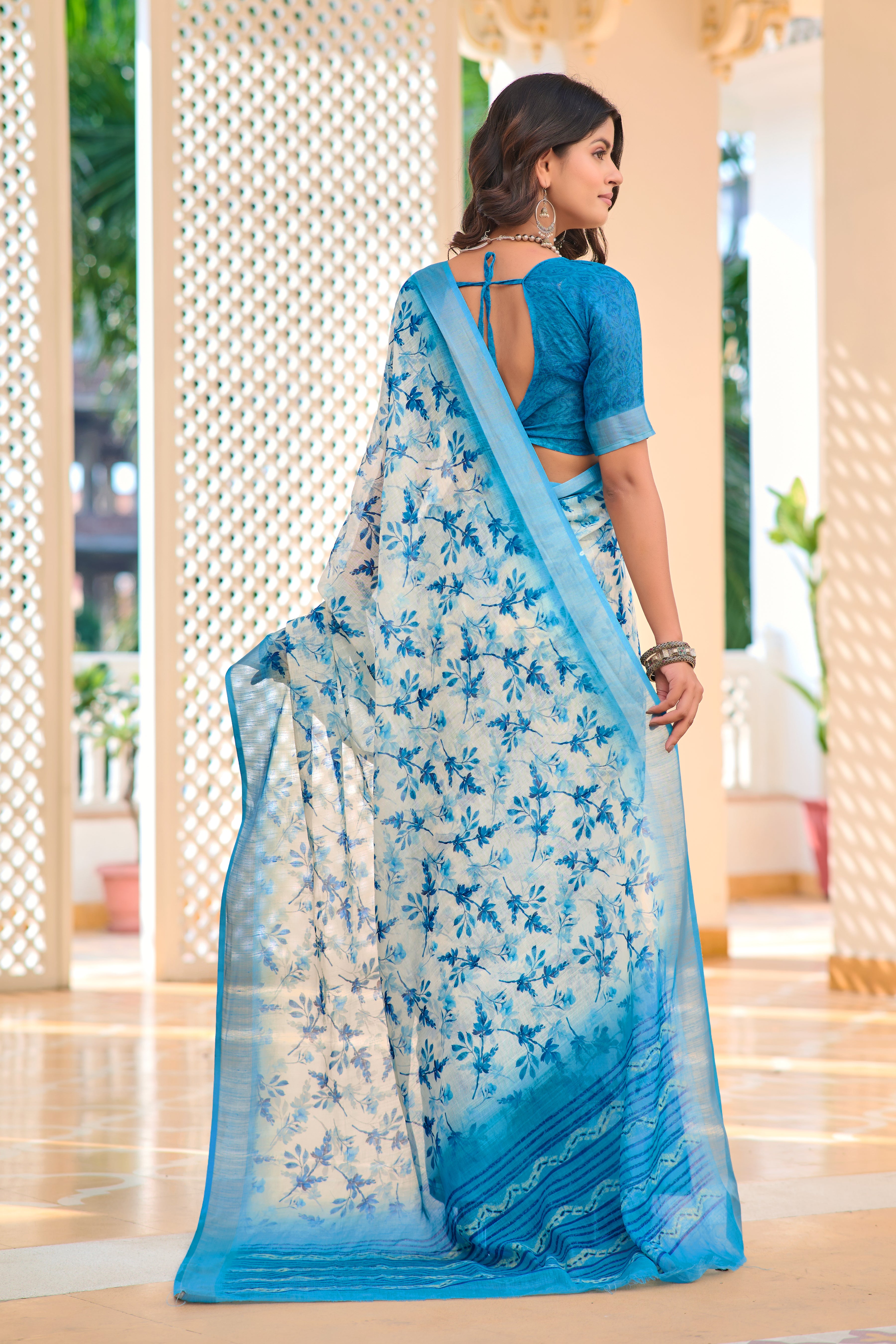 Glimmering Sky Blue Color Color Pure Cotton Lilen With Digital Printed Designer Saree