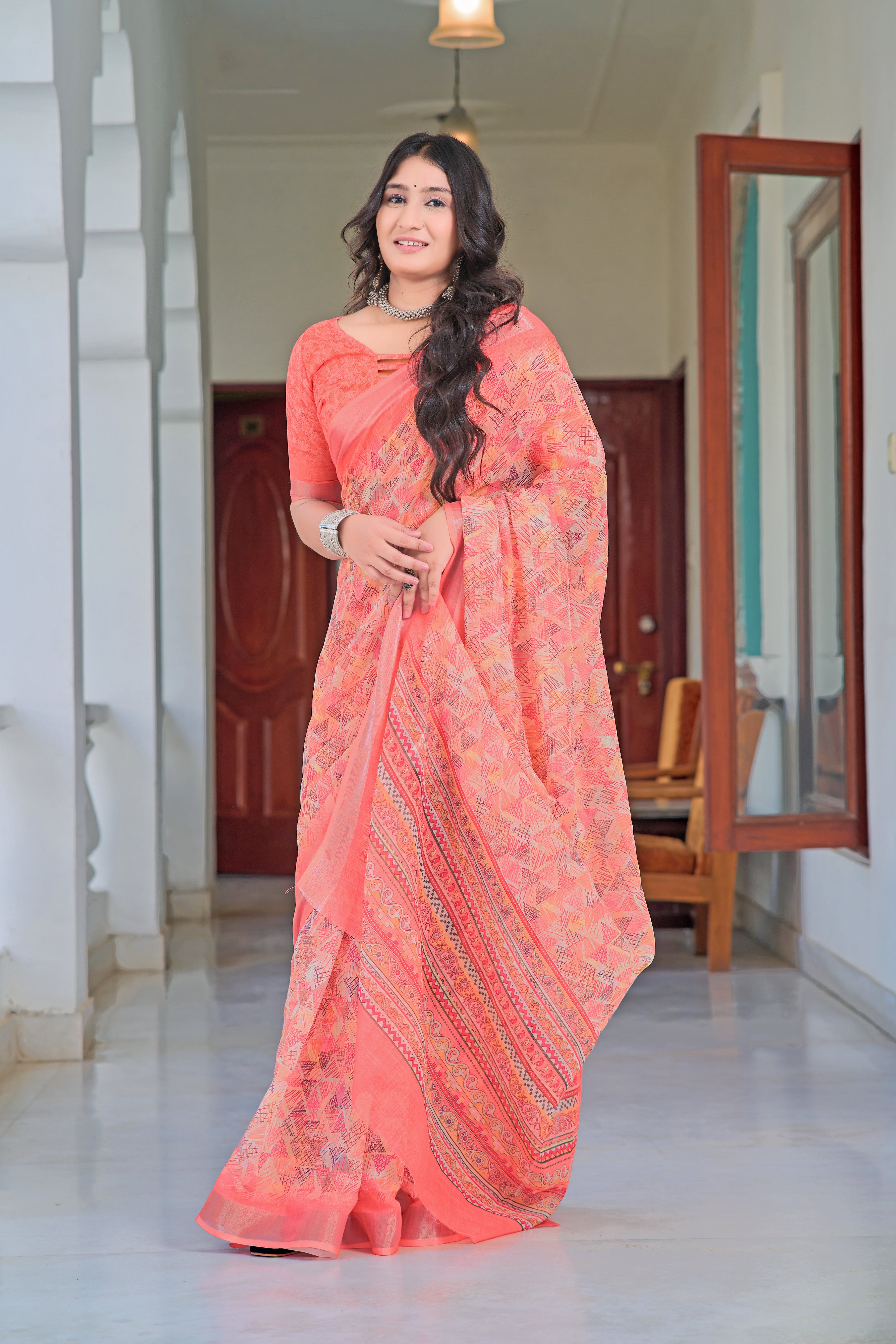 Outstanding Peach Color Color Pure Cotton Lilen With Digital Printed Designer Saree