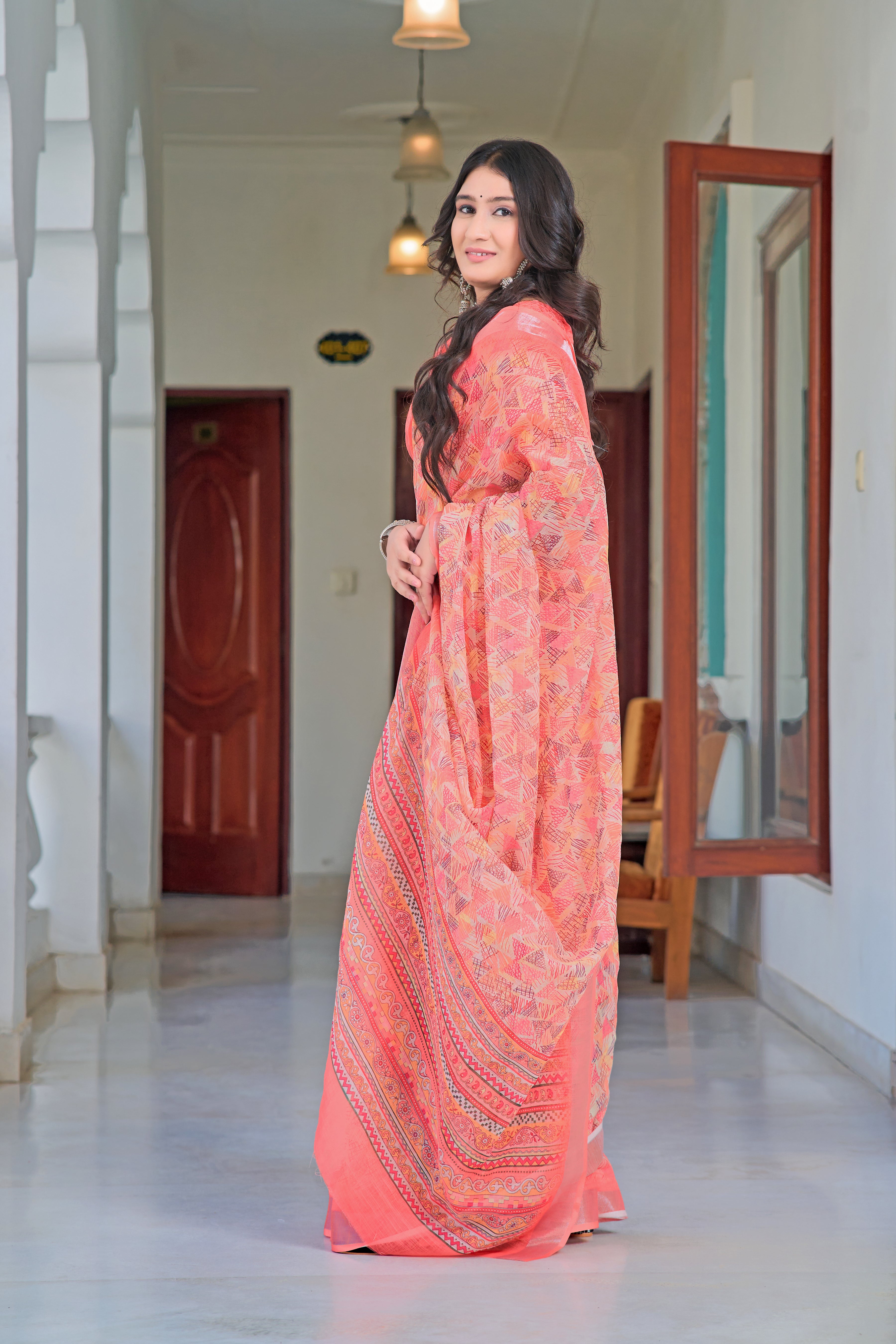 Outstanding Peach Color Color Pure Cotton Lilen With Digital Printed Designer Saree