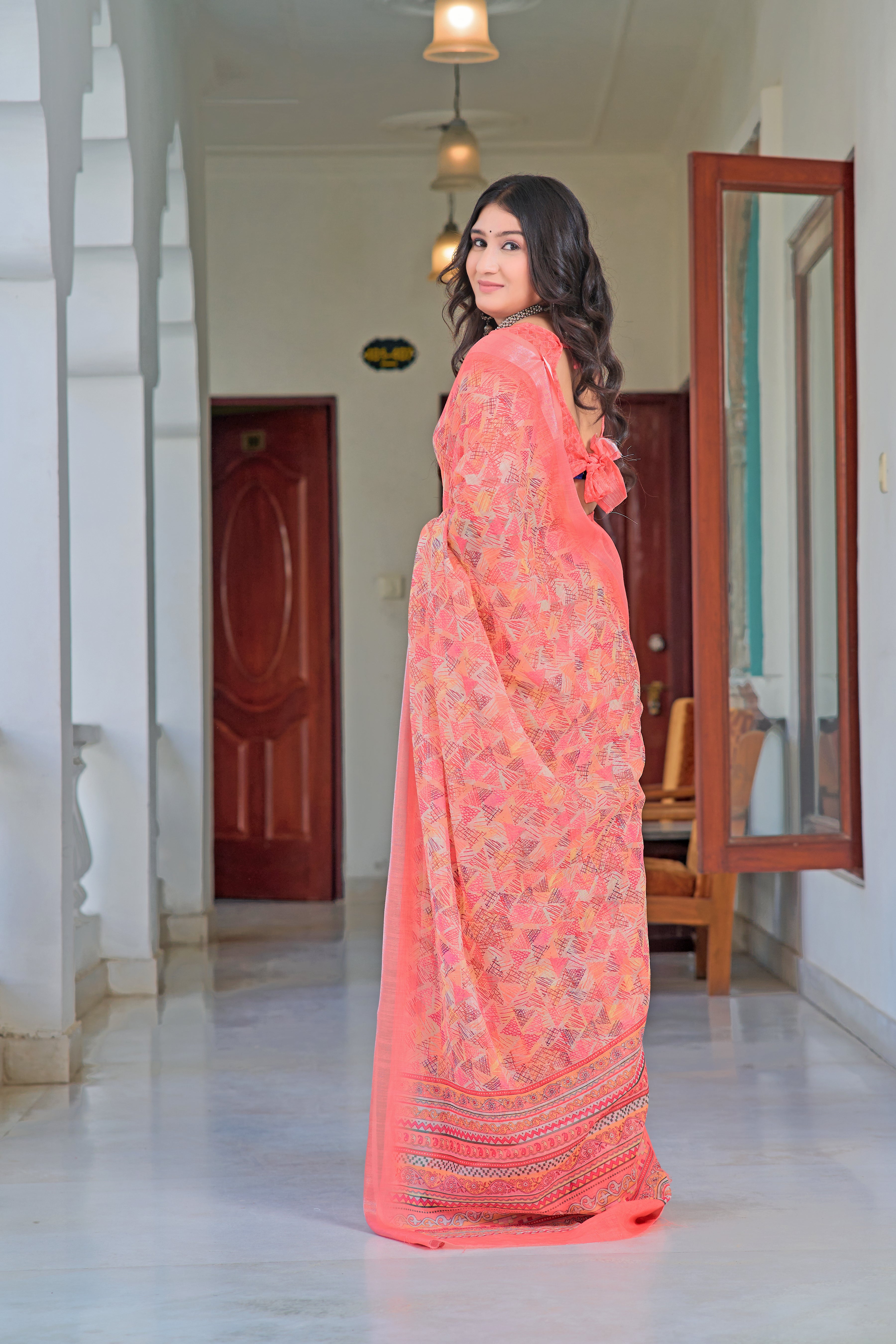 Outstanding Peach Color Color Pure Cotton Lilen With Digital Printed Designer Saree