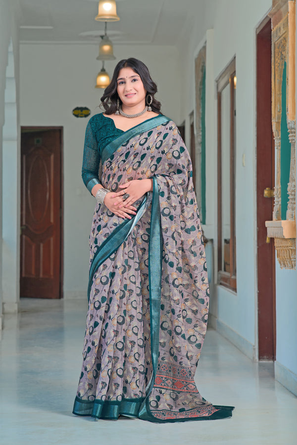 Fantastic Teal Color Color Pure Cotton Lilen With Digital Printed Designer Saree