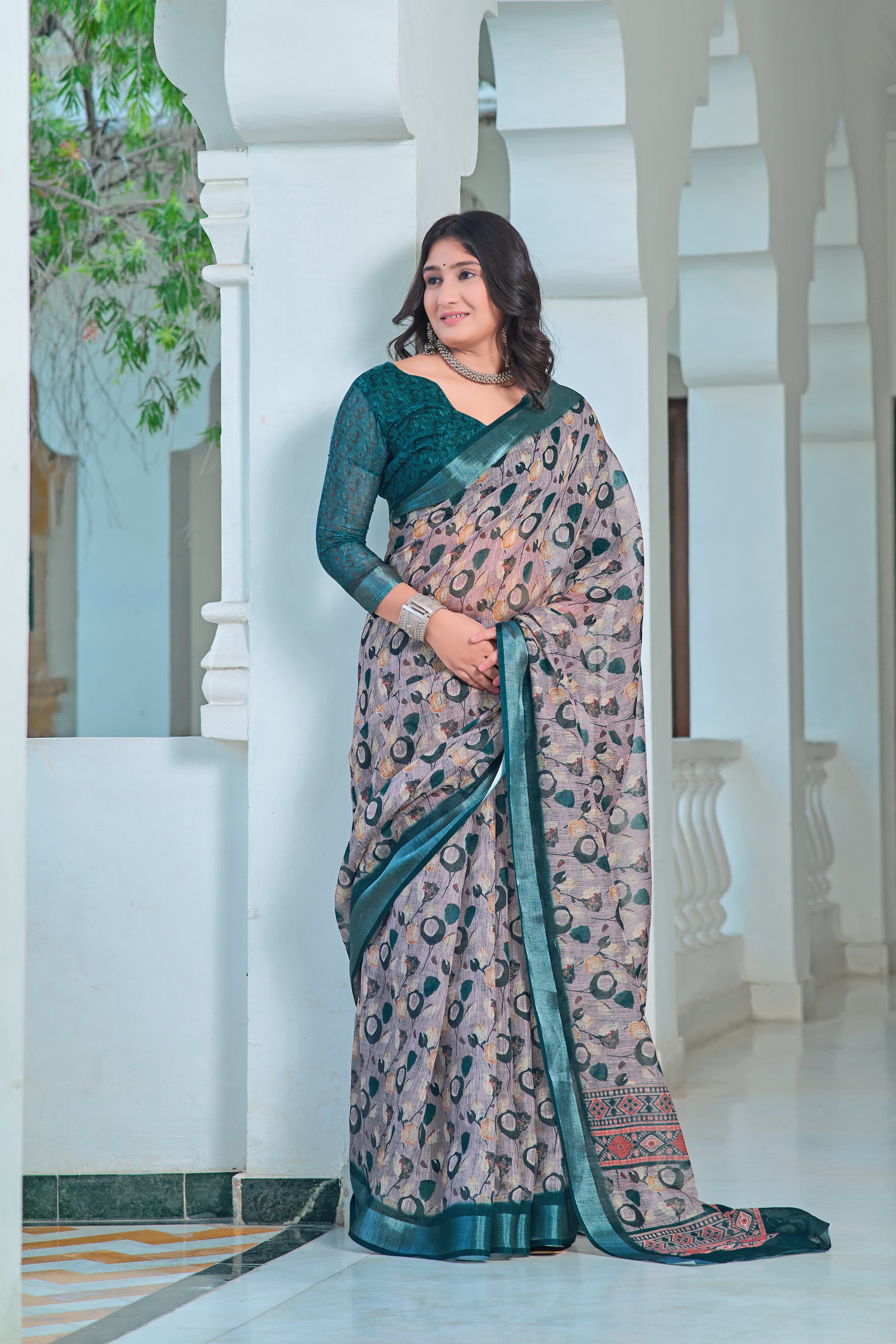 Fantastic Teal Color Color Pure Cotton Lilen With Digital Printed Designer Saree