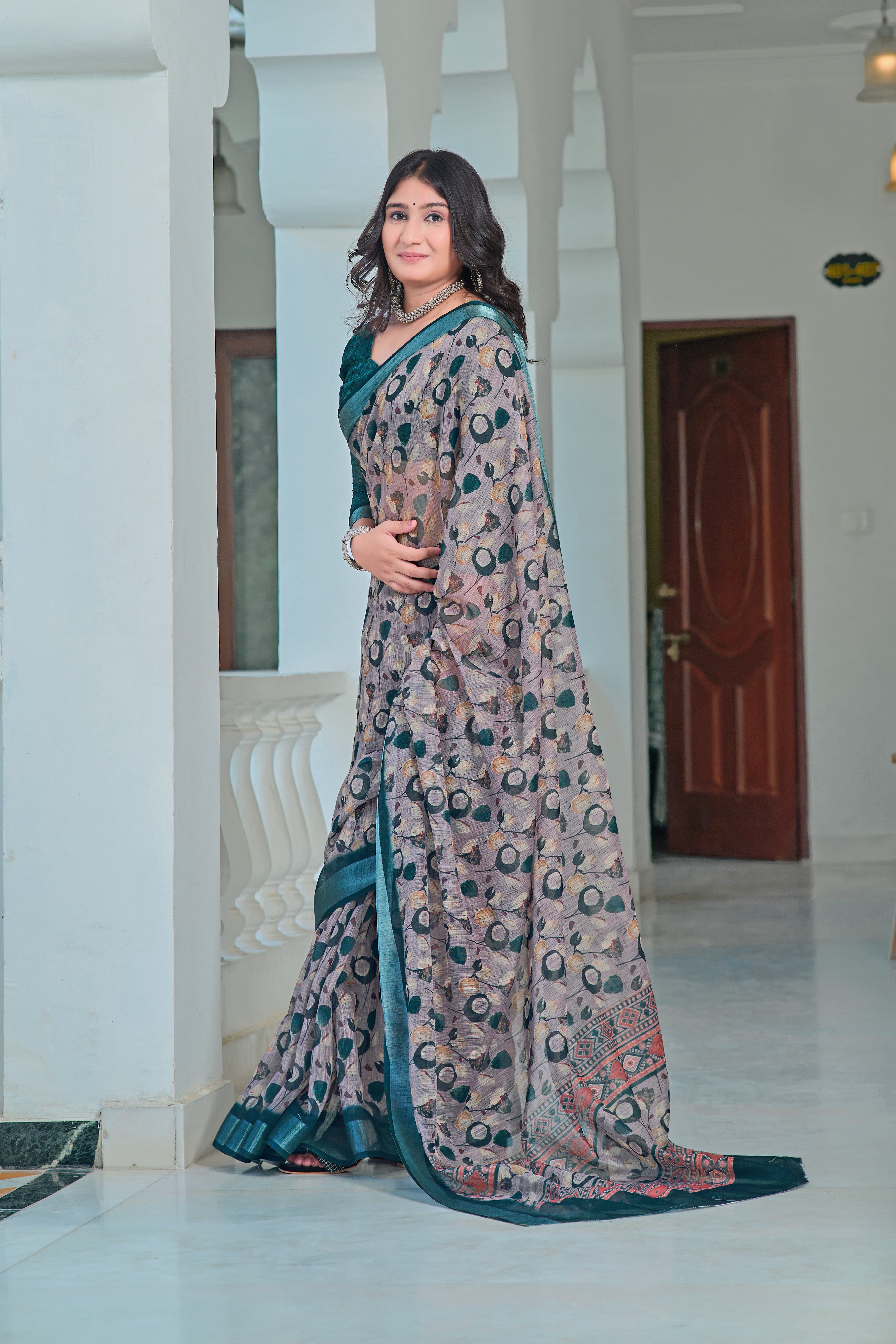 Fantastic Teal Color Color Pure Cotton Lilen With Digital Printed Designer Saree