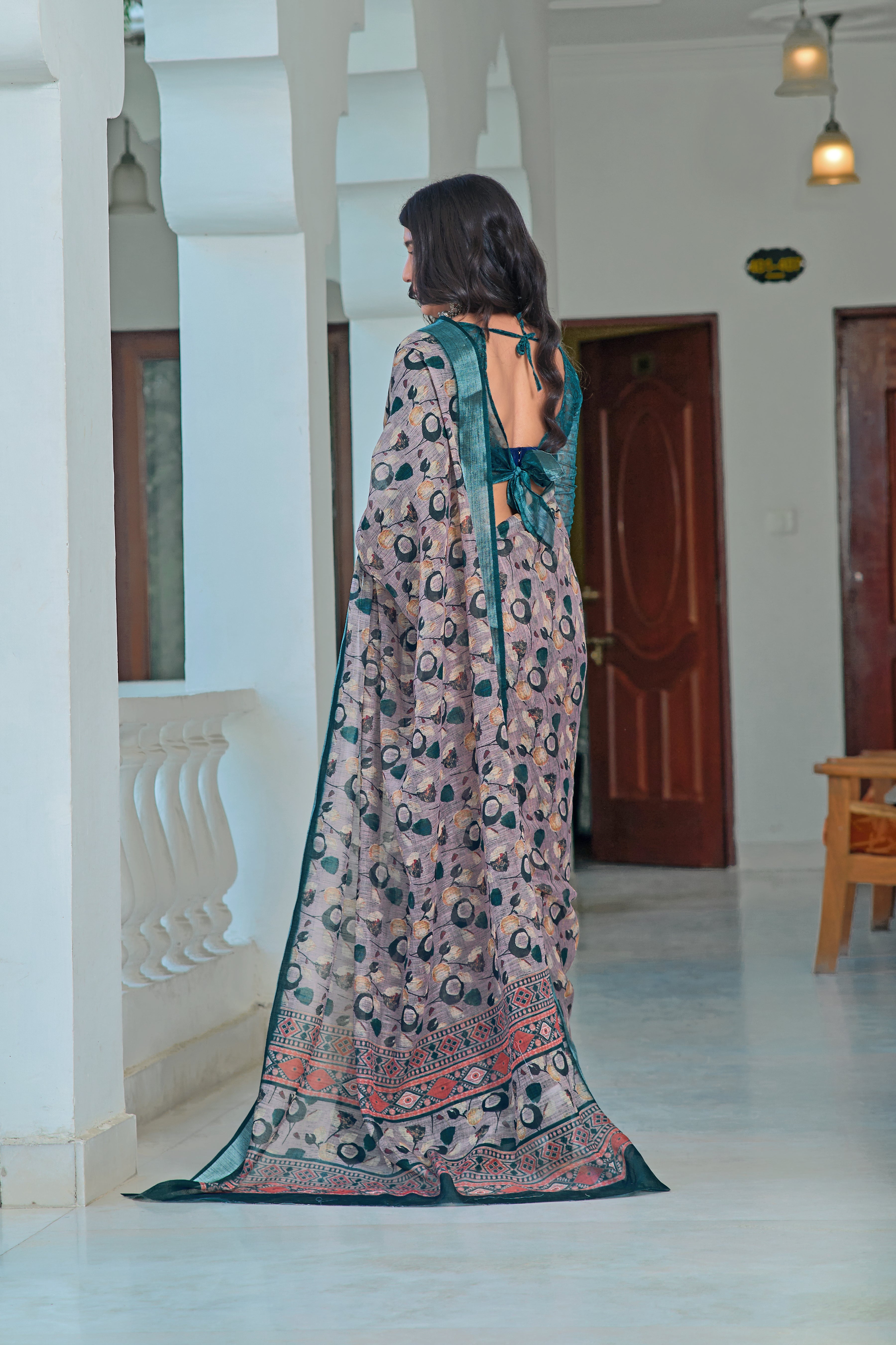 Fantastic Teal Color Color Pure Cotton Lilen With Digital Printed Designer Saree