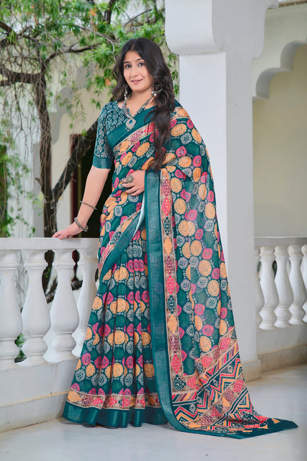 Imposing Teal Blue Color Color Pure Cotton Lilen With Digital Printed Designer Saree