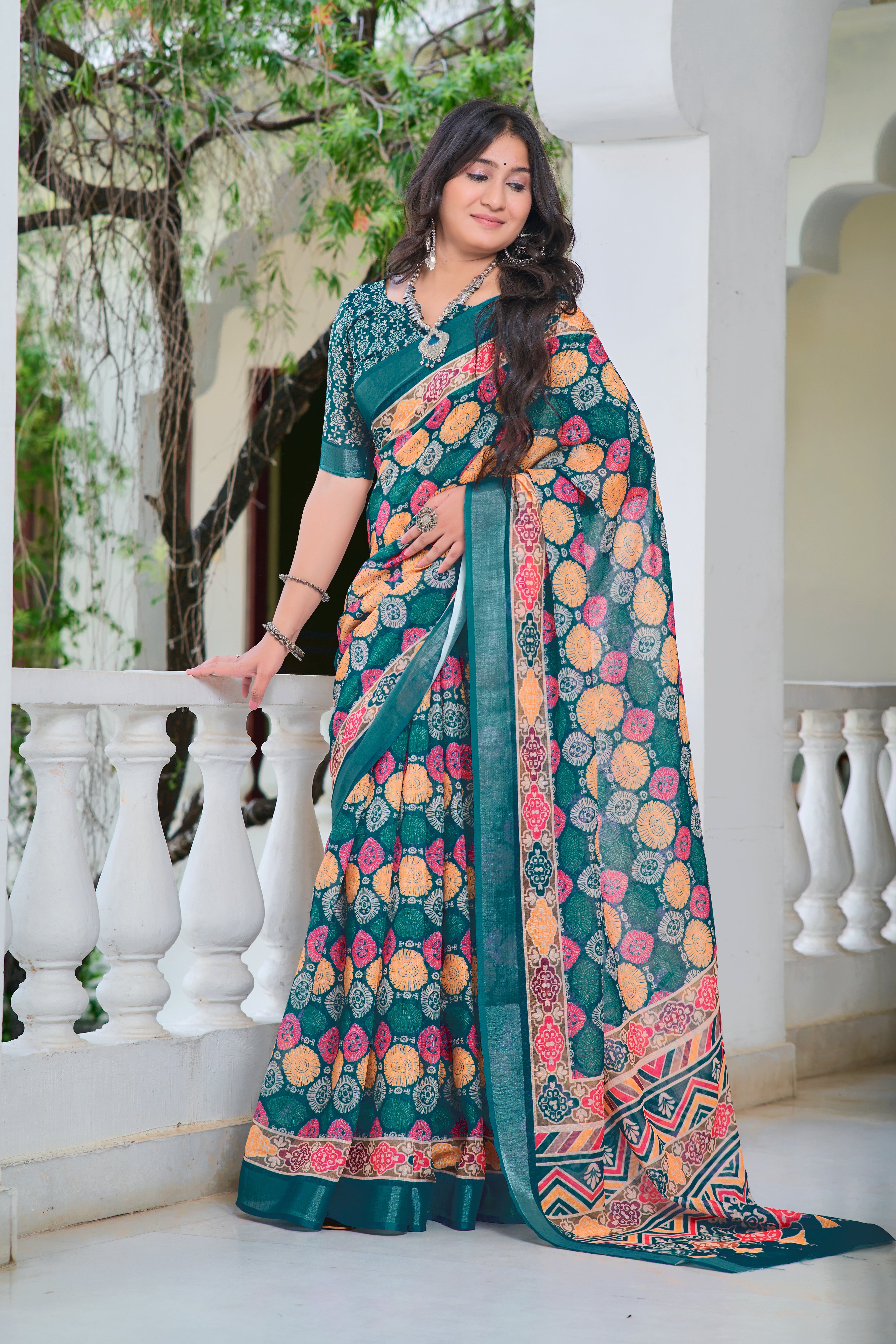 Imposing Teal Blue Color Color Pure Cotton Lilen With Digital Printed Designer Saree