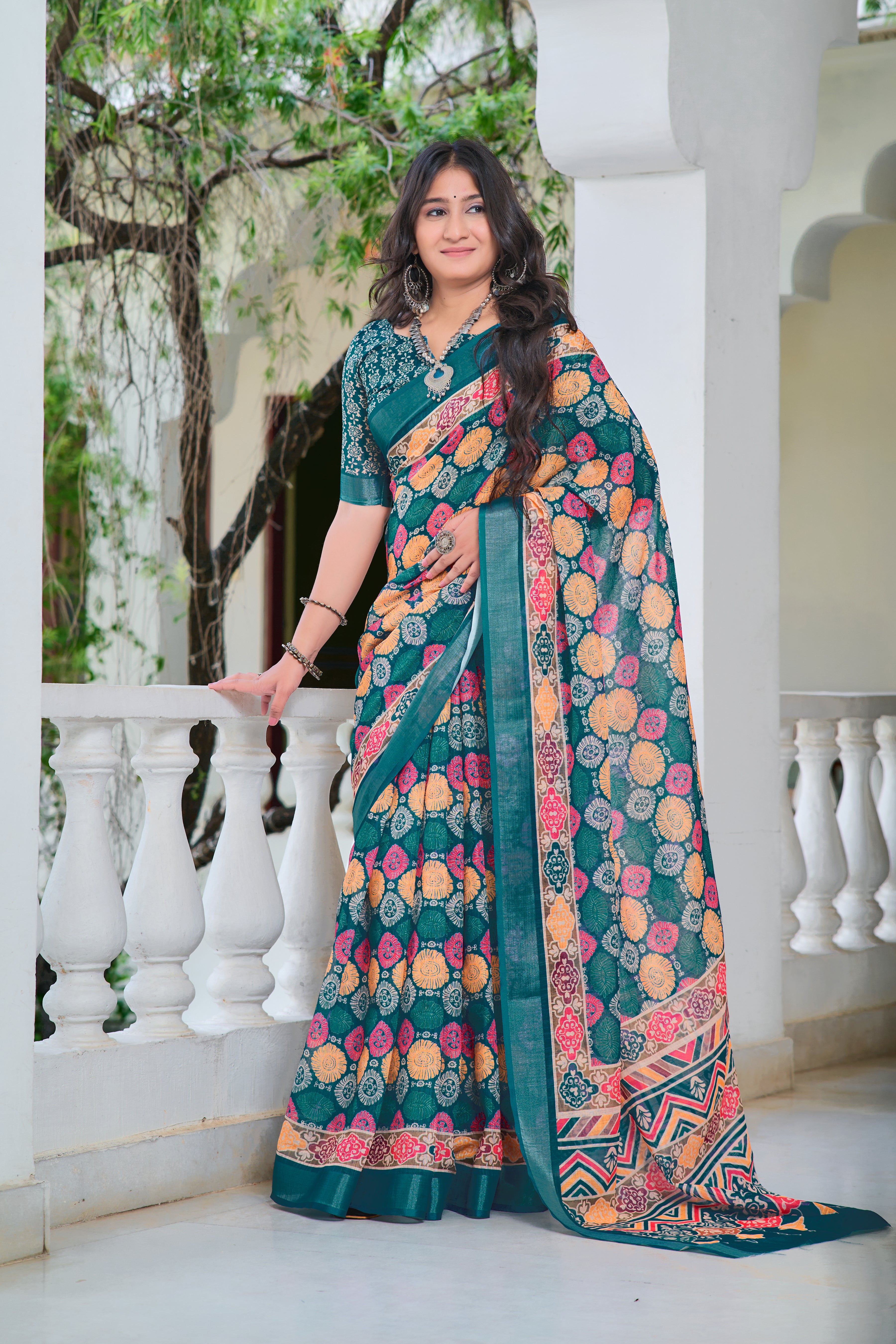 Imposing Teal Blue Color Color Pure Cotton Lilen With Digital Printed Designer Saree