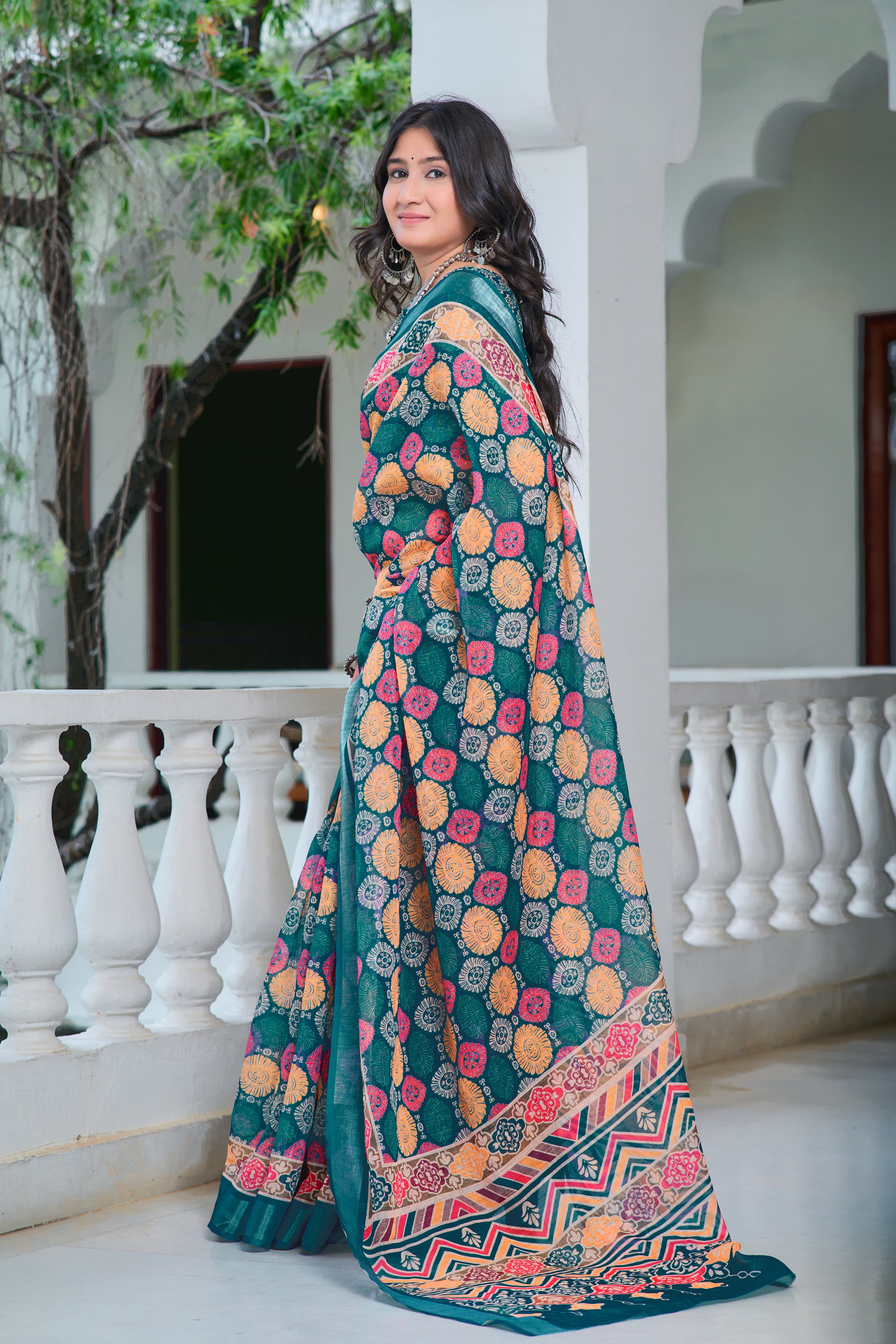 Imposing Teal Blue Color Color Pure Cotton Lilen With Digital Printed Designer Saree