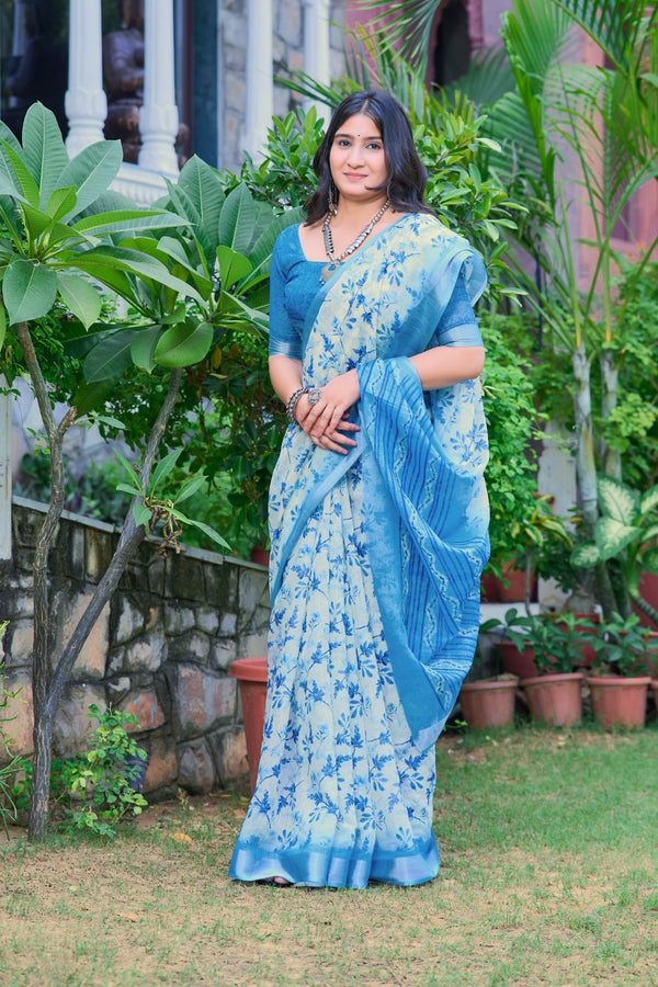 Peaceful Sky Blue Color Color Pure Cotton Lilen With Digital Printed Designer Saree