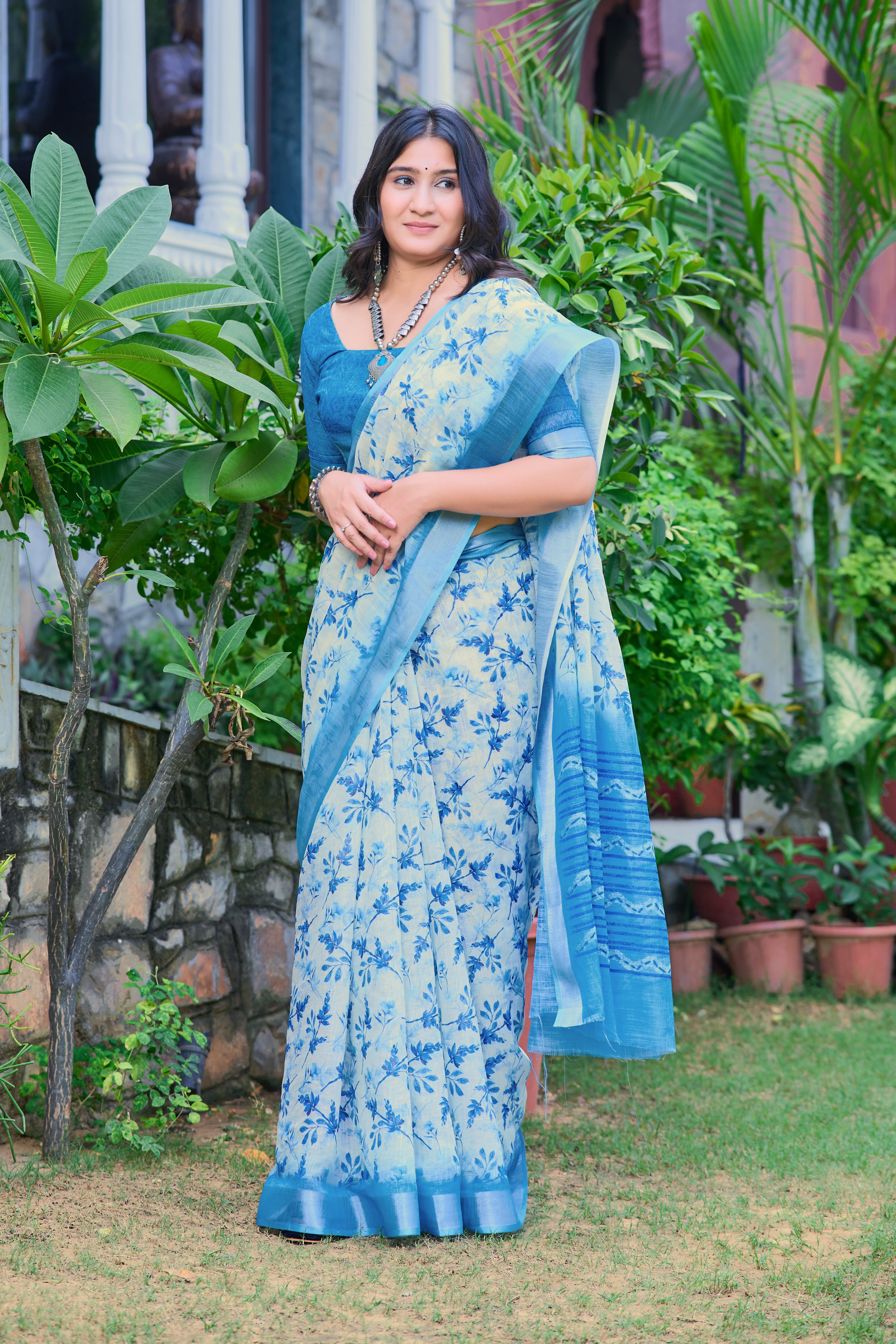 Peaceful Sky Blue Color Color Pure Cotton Lilen With Digital Printed Designer Saree