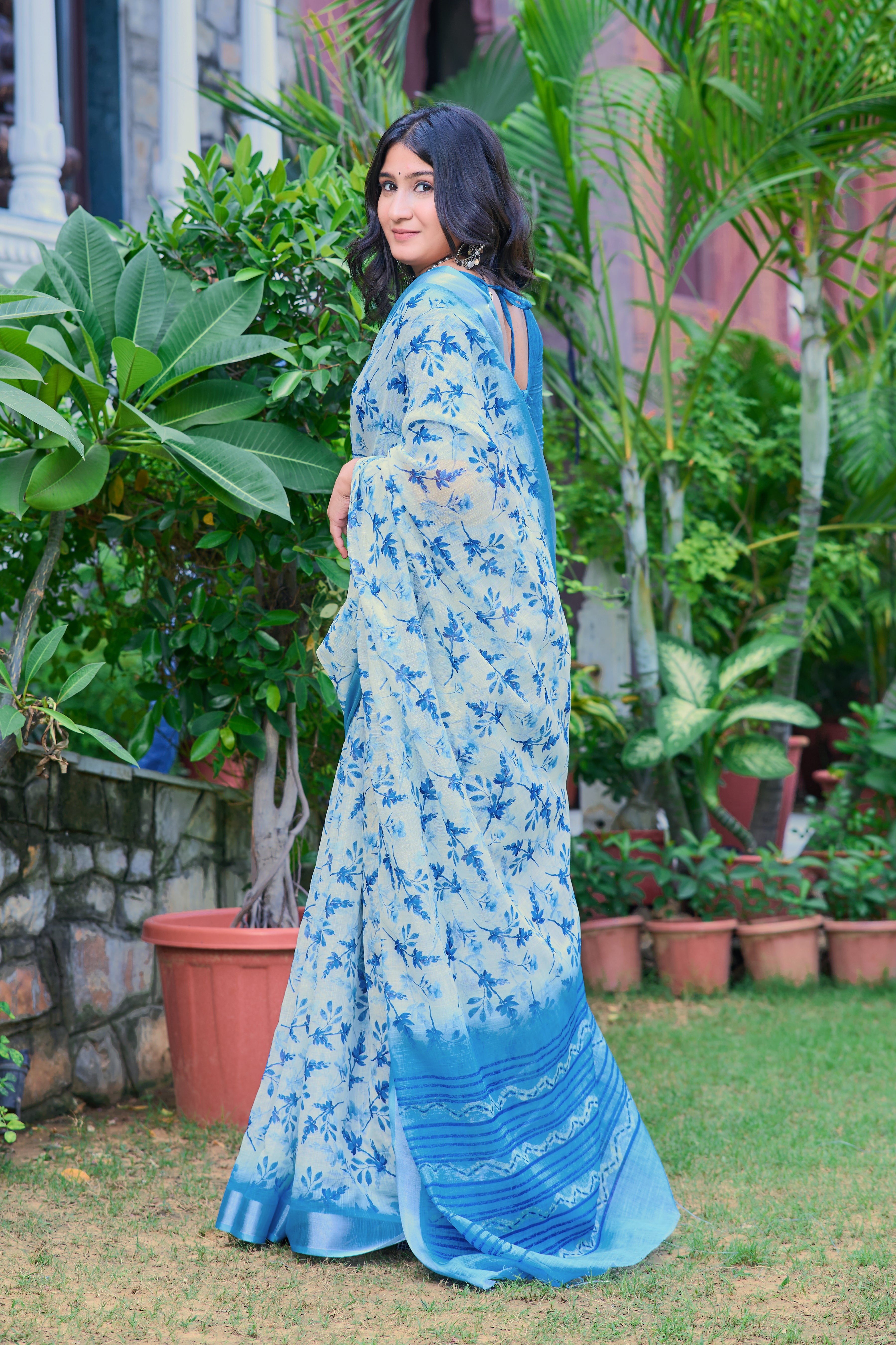 Peaceful Sky Blue Color Color Pure Cotton Lilen With Digital Printed Designer Saree