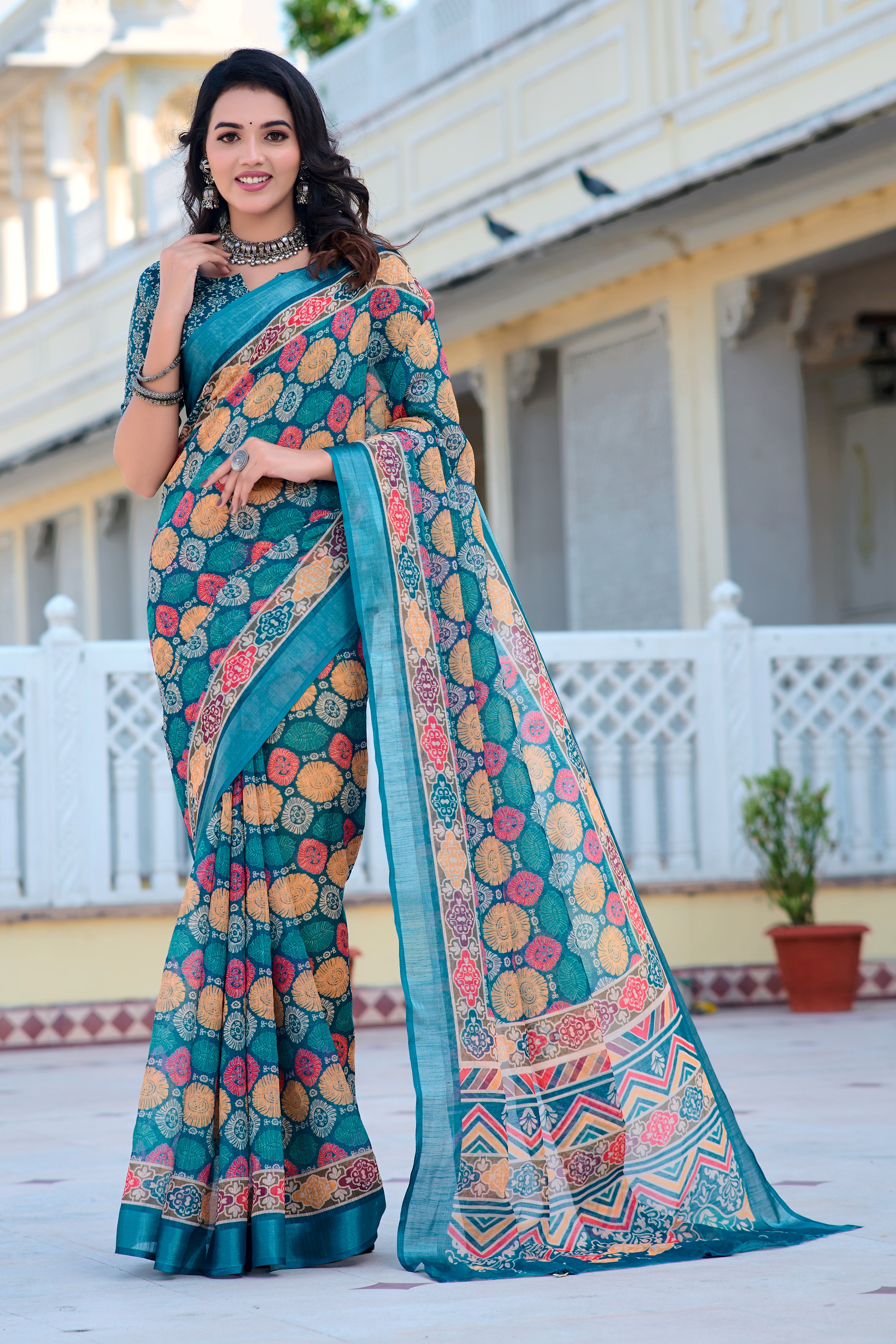 Graceful Navy Blue Color Color Pure Cotton Lilen With Digital Printed Designer Saree