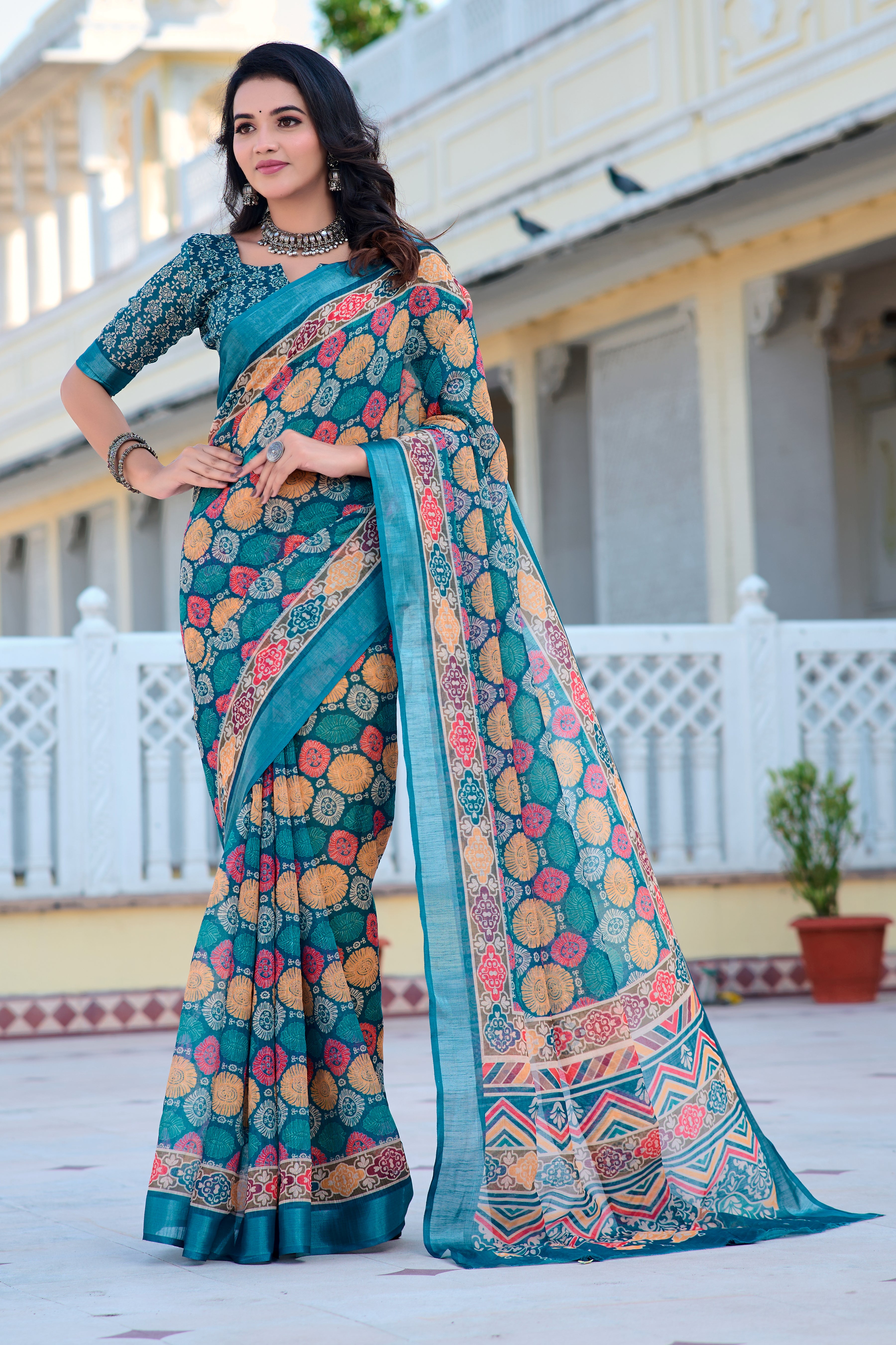 Graceful Navy Blue Color Color Pure Cotton Lilen With Digital Printed Designer Saree