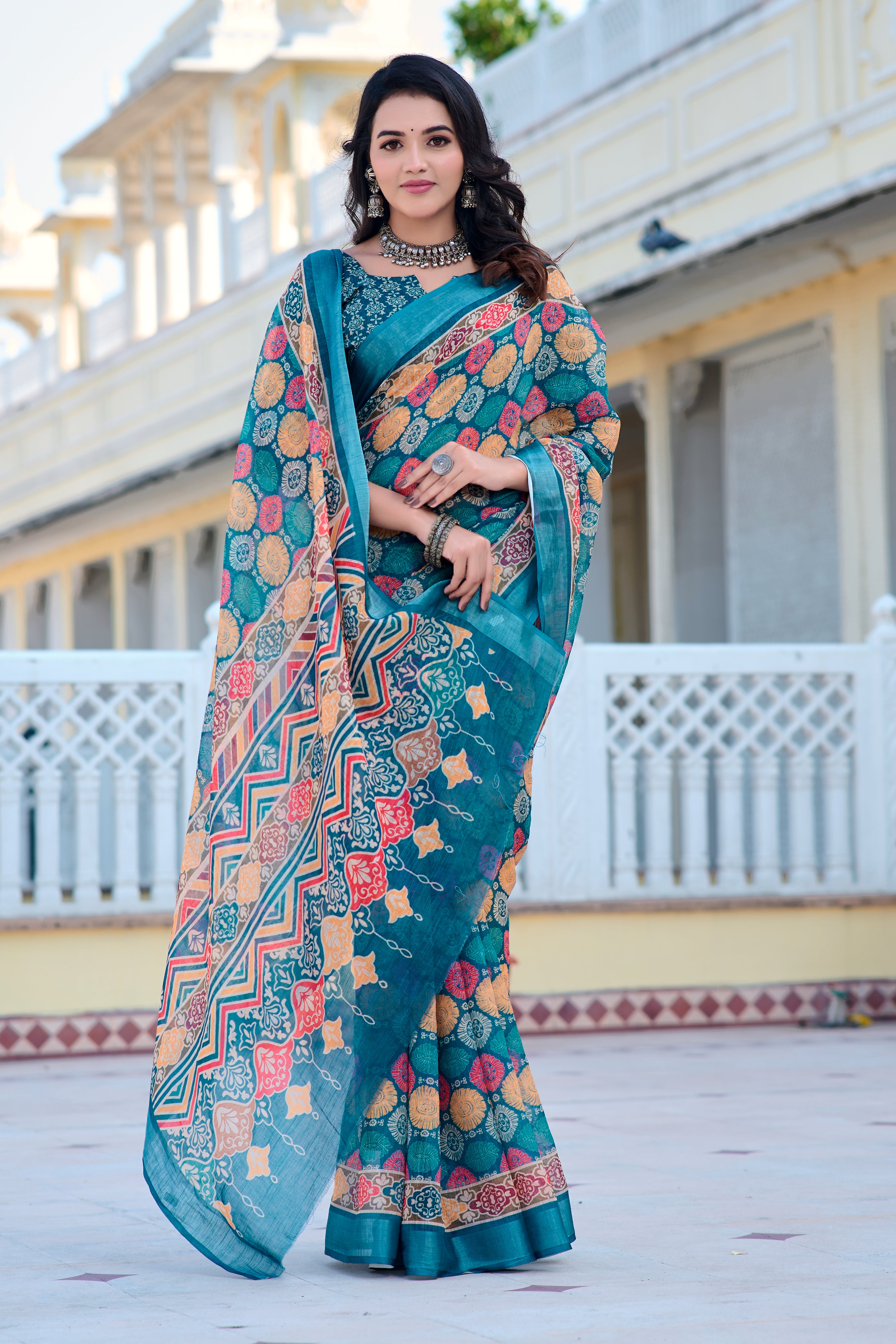 Graceful Navy Blue Color Color Pure Cotton Lilen With Digital Printed Designer Saree