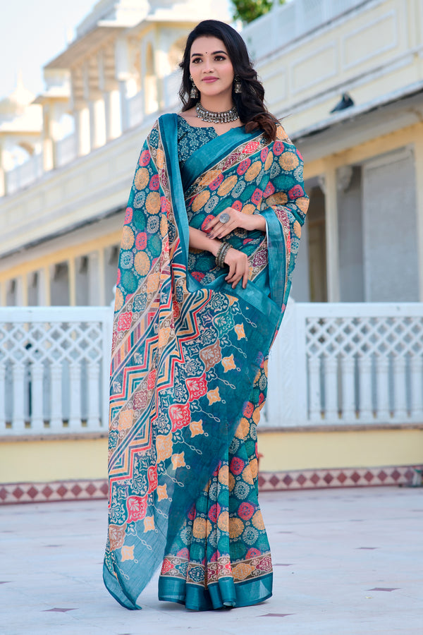 Graceful Navy Blue Color Color Pure Cotton Lilen With Digital Printed Designer Saree