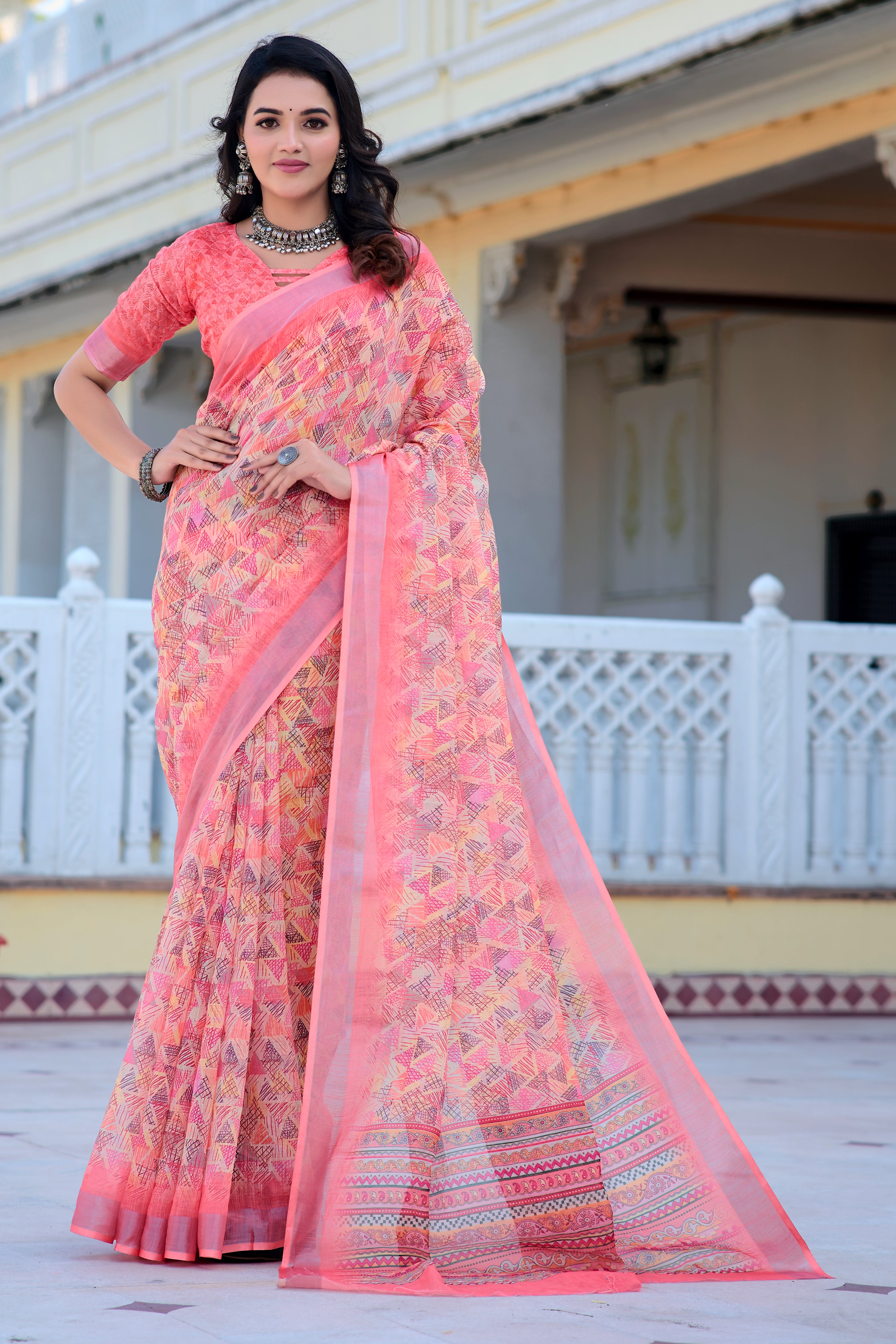 Elegant Peach Color Pure Cotton Lilen With Digital Printed Designer Saree