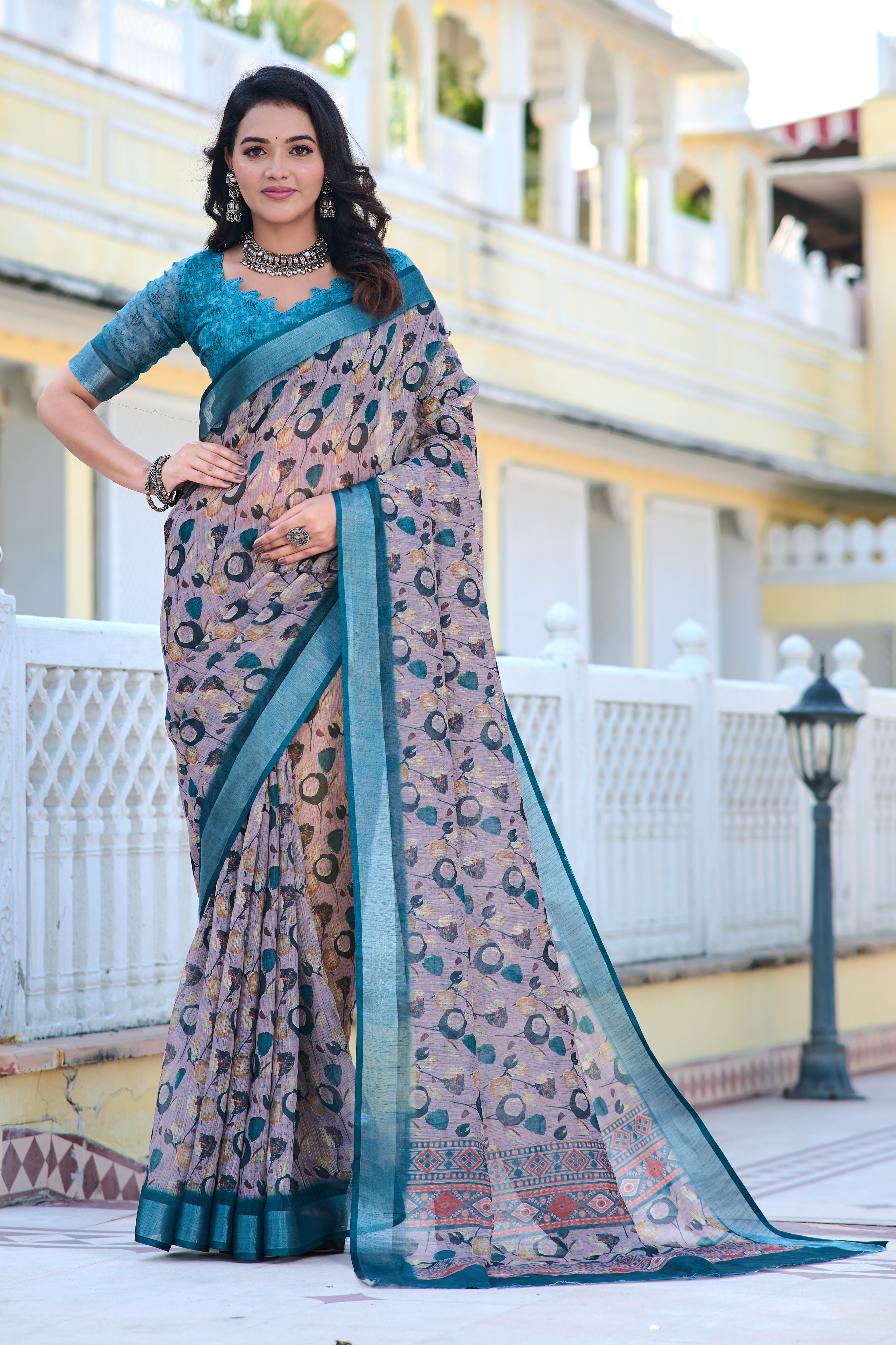 Terrific Teal And Grey Color Pure Cotton Lilen With Digital Printed Designer Saree