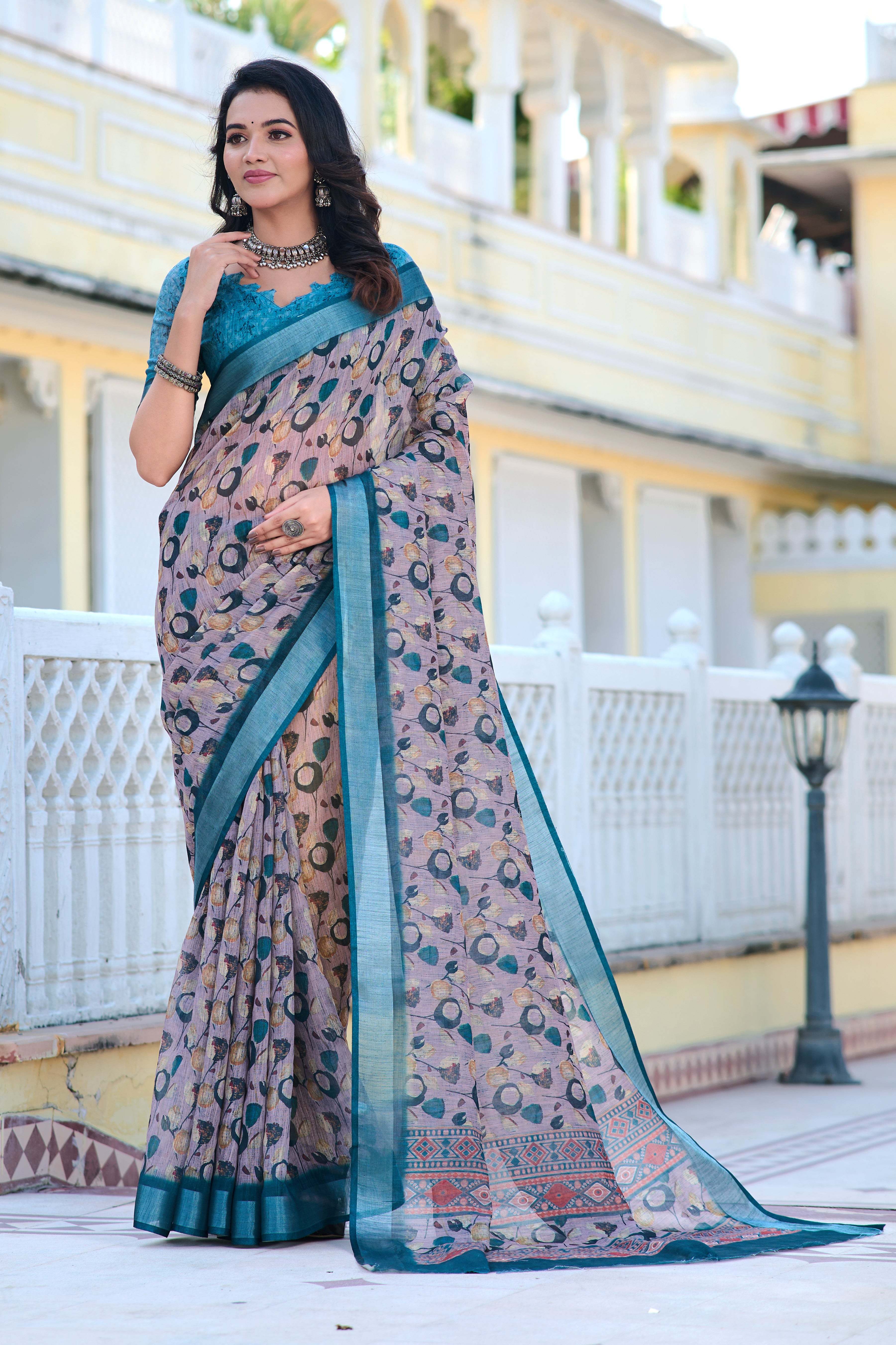 Terrific Teal And Grey Color Pure Cotton Lilen With Digital Printed Designer Saree