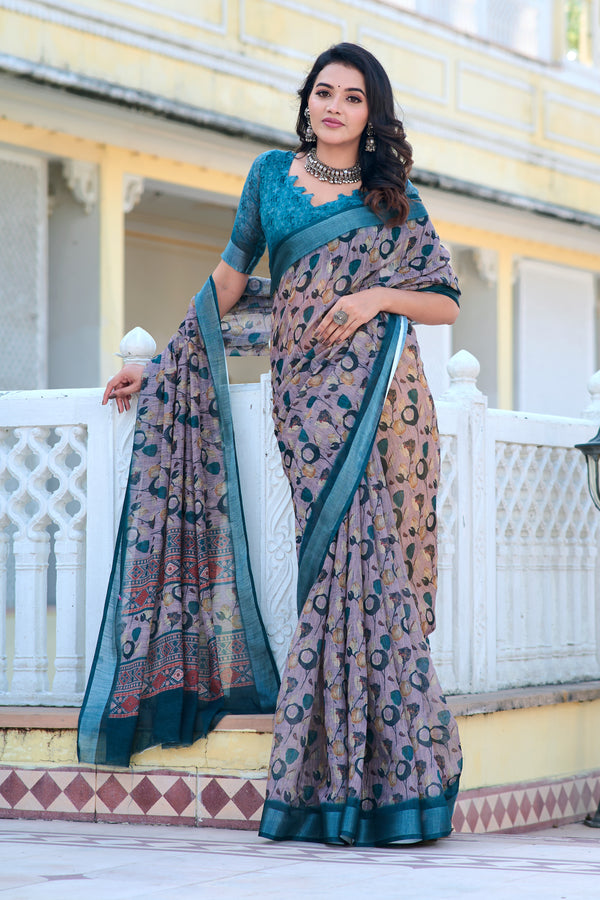 Terrific Teal And Grey Color Pure Cotton Lilen With Digital Printed Designer Saree