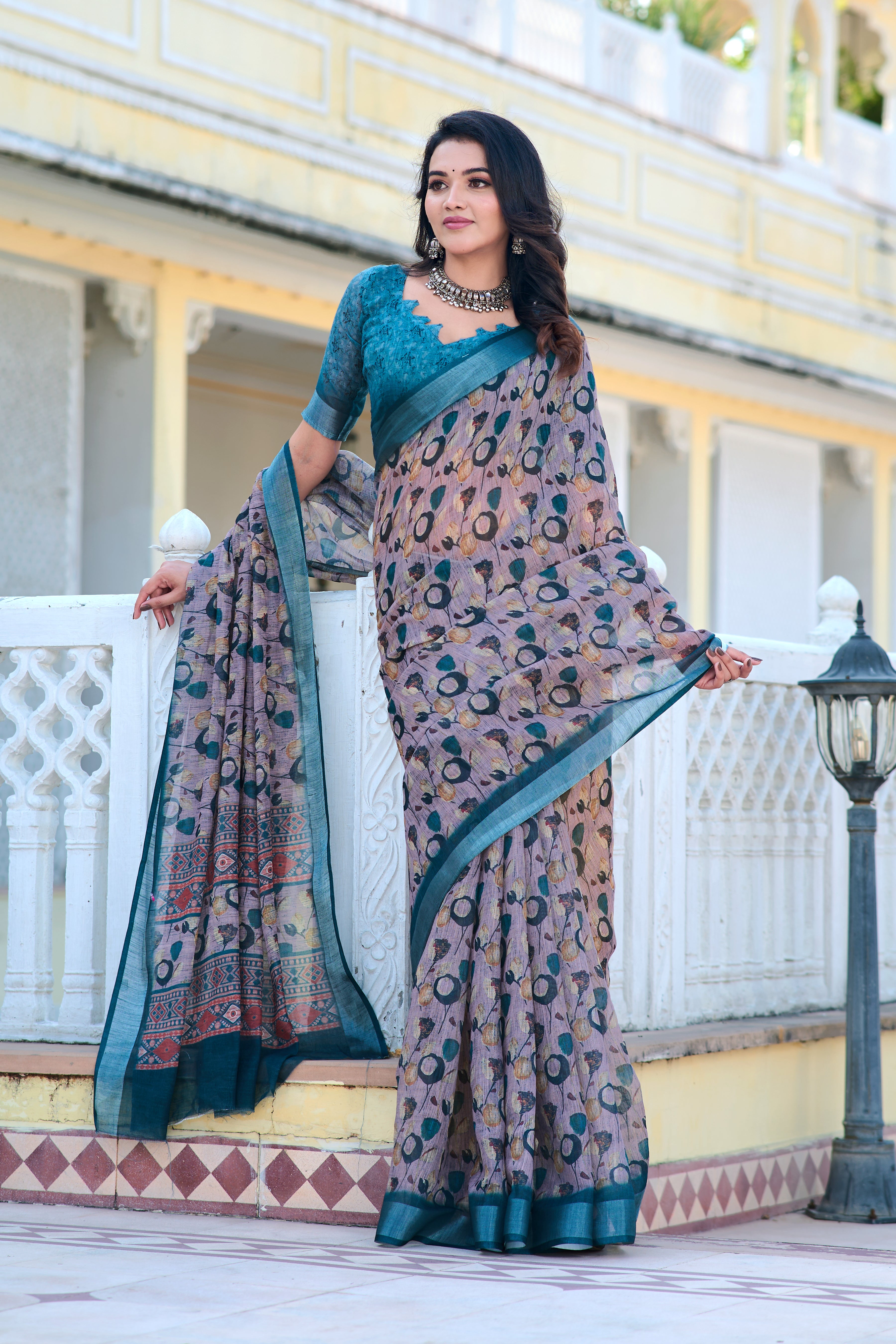 Terrific Teal And Grey Color Pure Cotton Lilen With Digital Printed Designer Saree