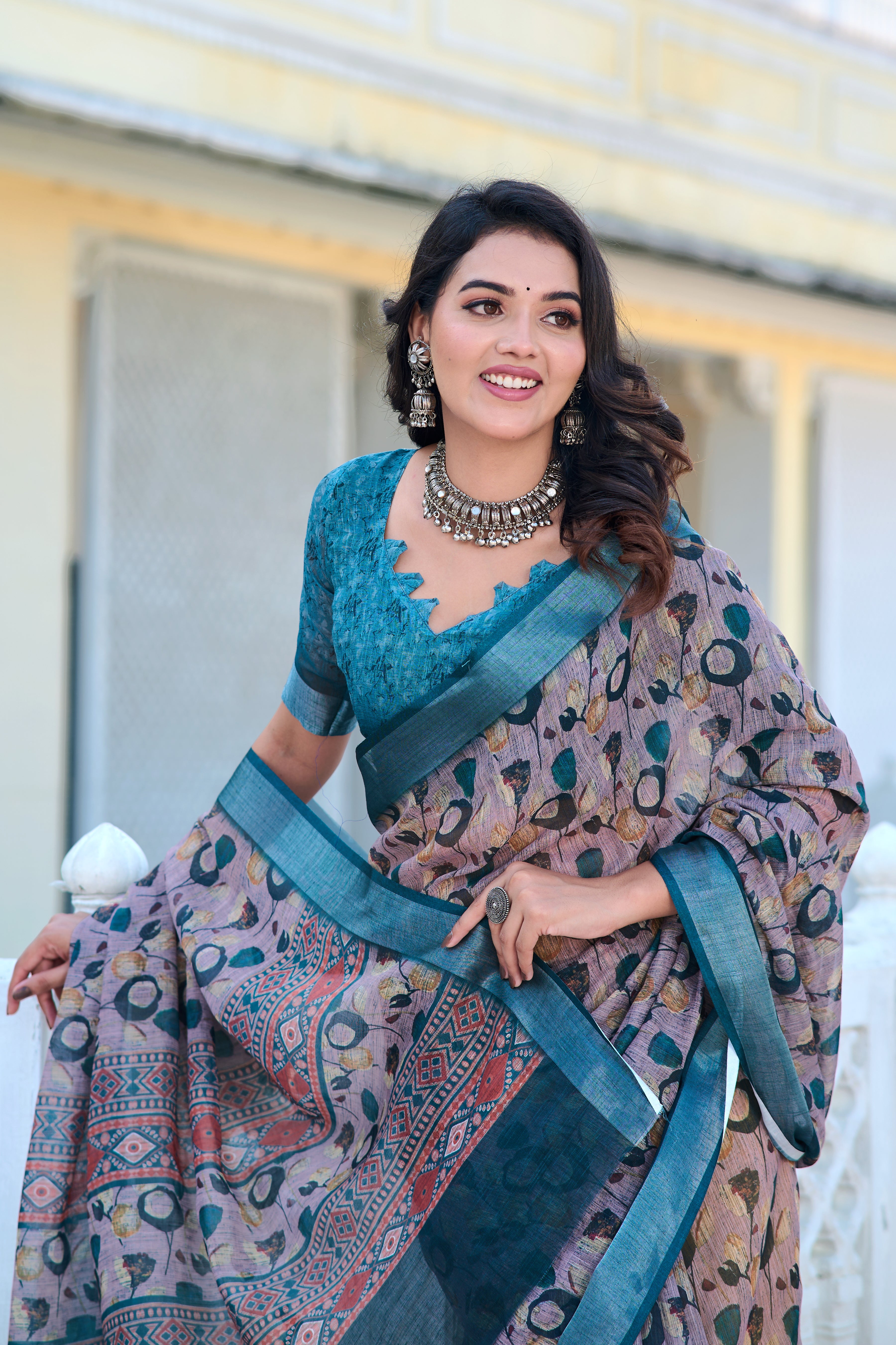 Terrific Teal And Grey Color Pure Cotton Lilen With Digital Printed Designer Saree