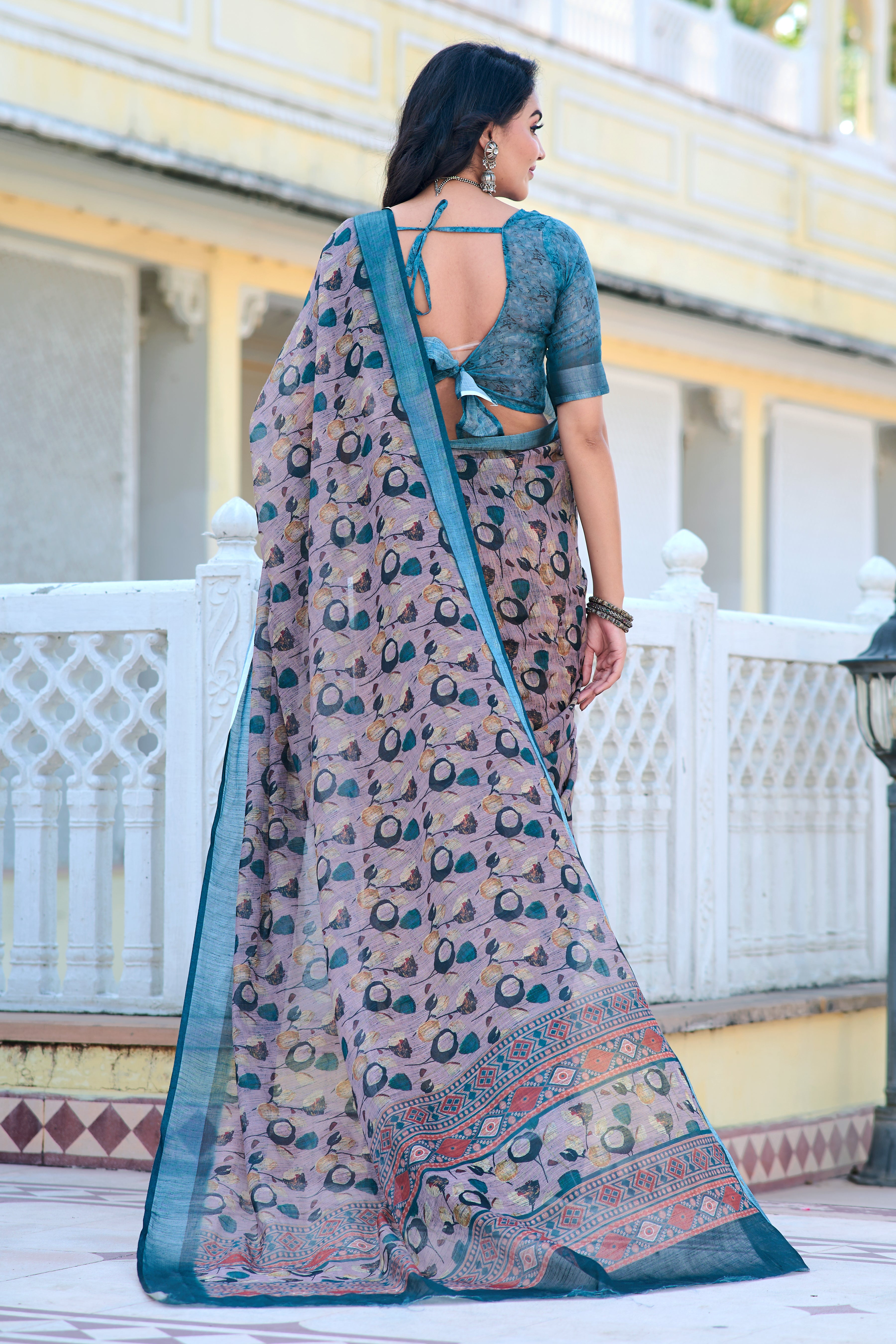 Terrific Teal And Grey Color Pure Cotton Lilen With Digital Printed Designer Saree