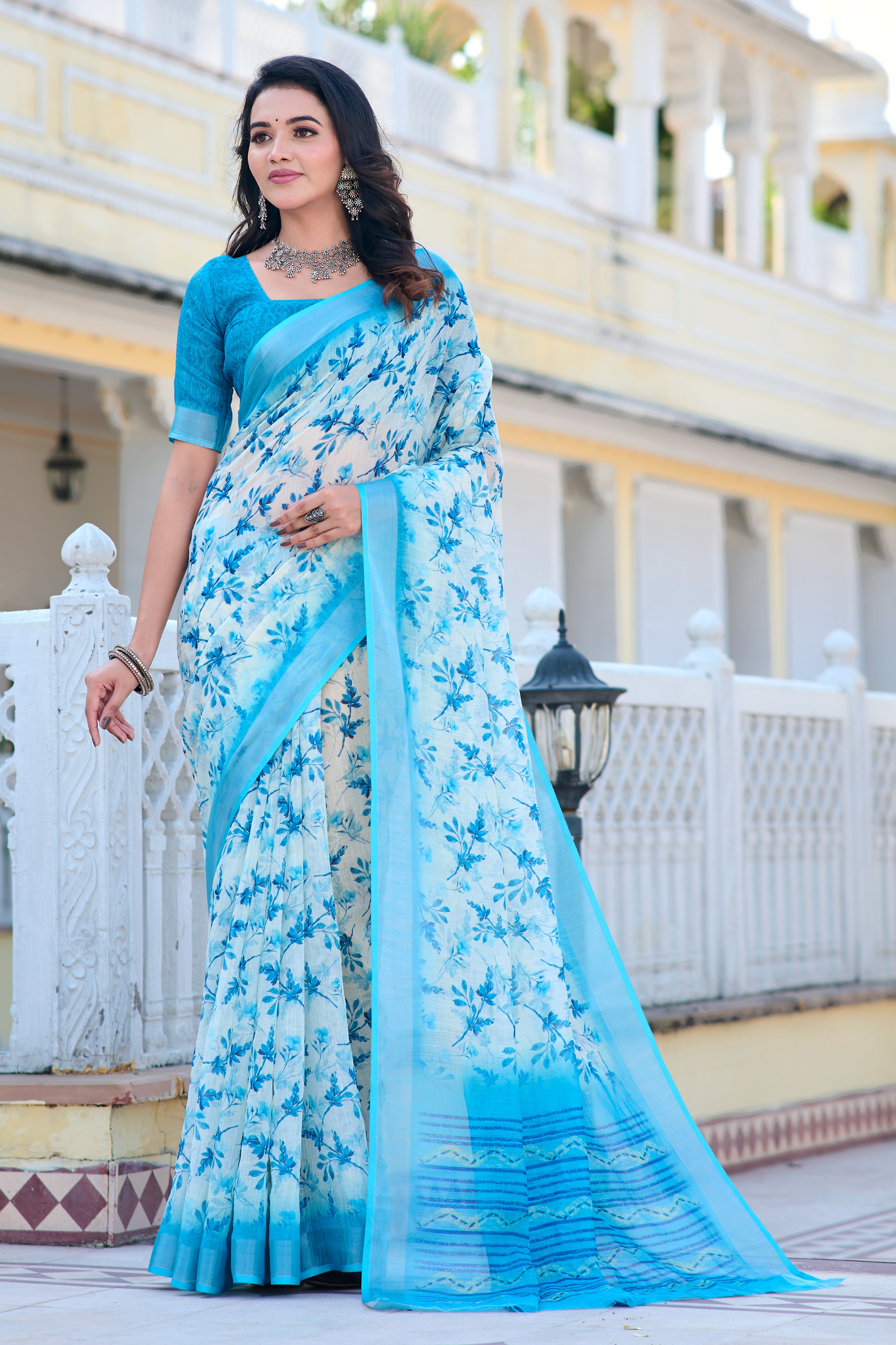 Blissful Sky Blue Color Pure Cotton Lilen With Digital Printed Designer Saree