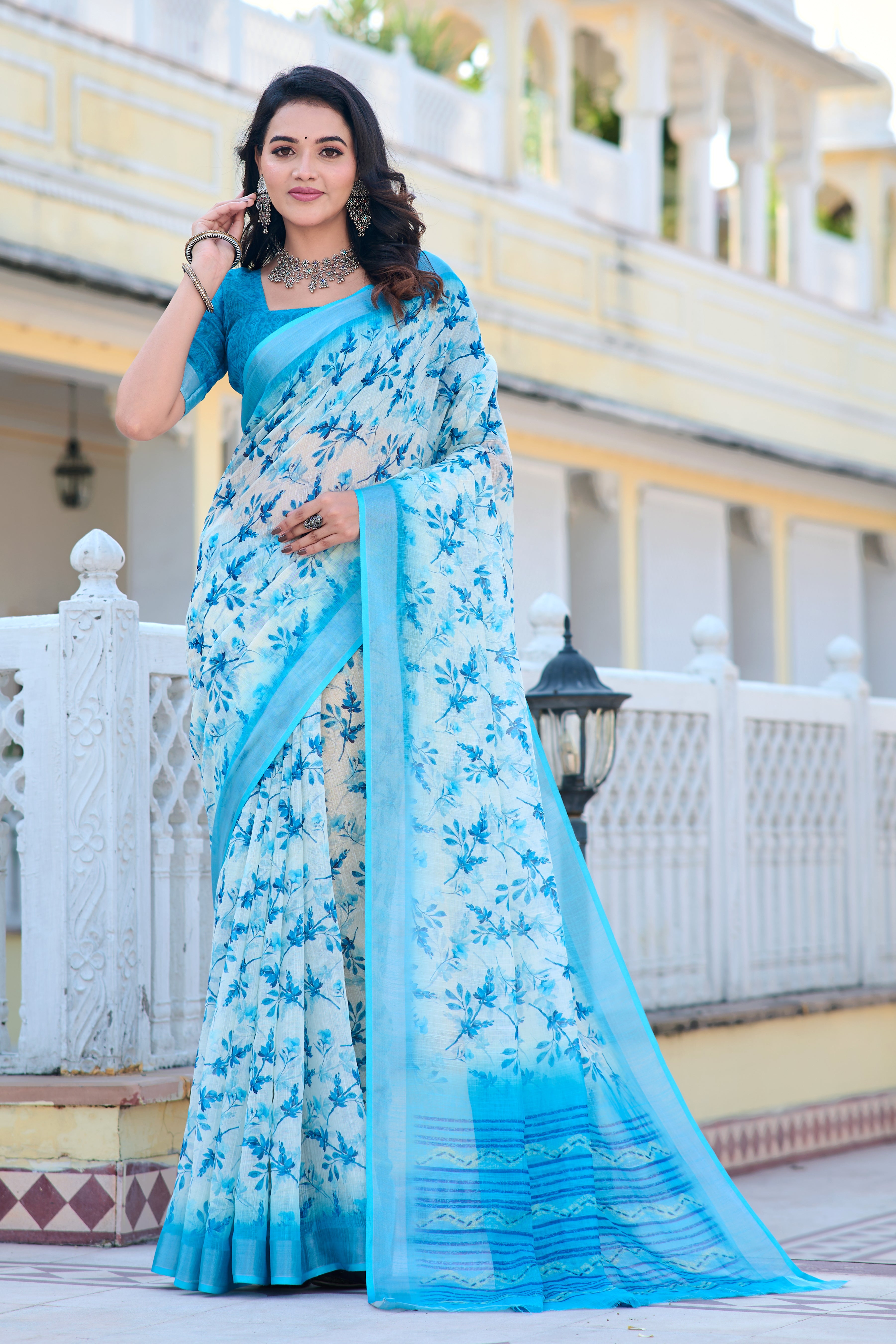 Blissful Sky Blue Color Pure Cotton Lilen With Digital Printed Designer Saree