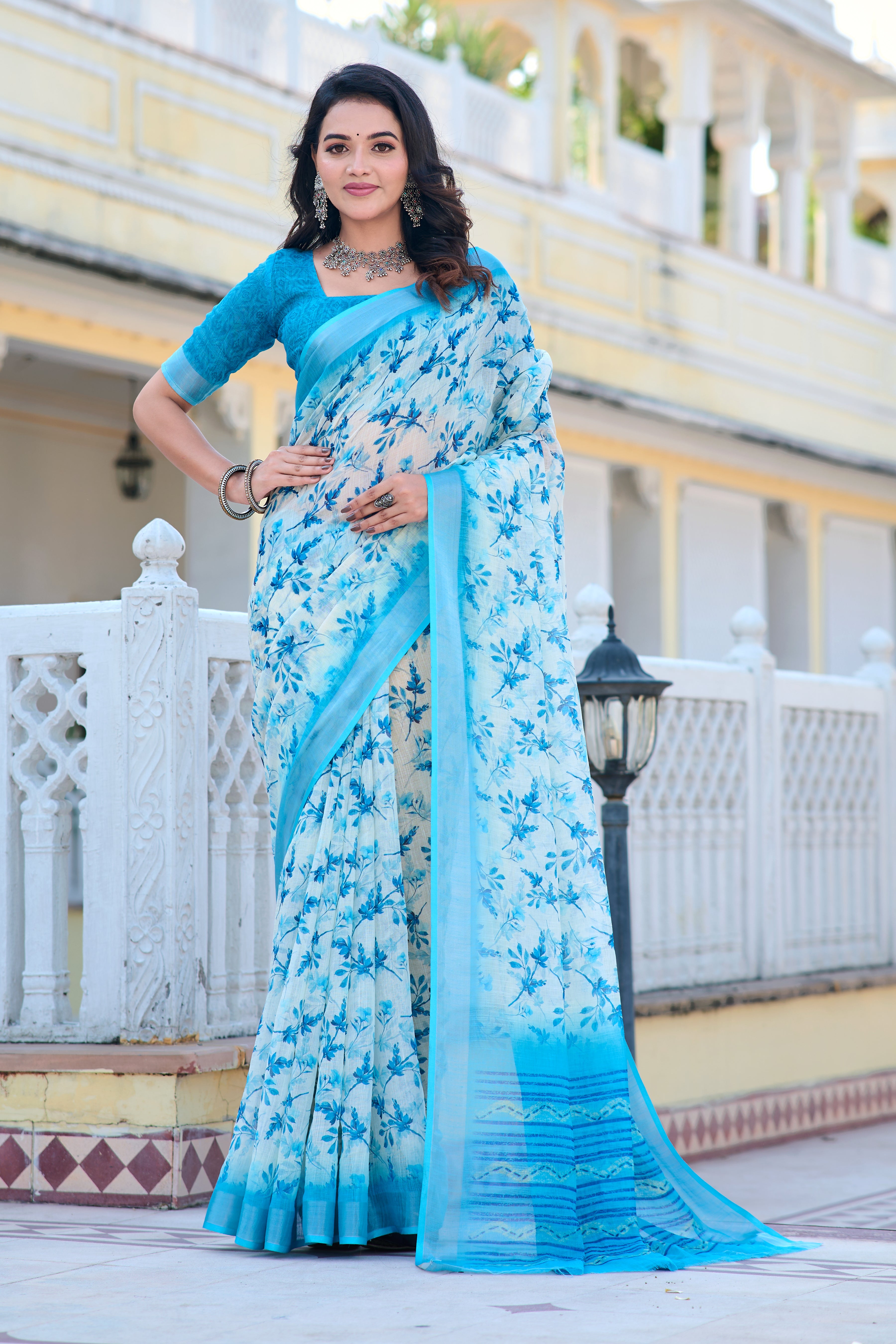 Blissful Sky Blue Color Pure Cotton Lilen With Digital Printed Designer Saree