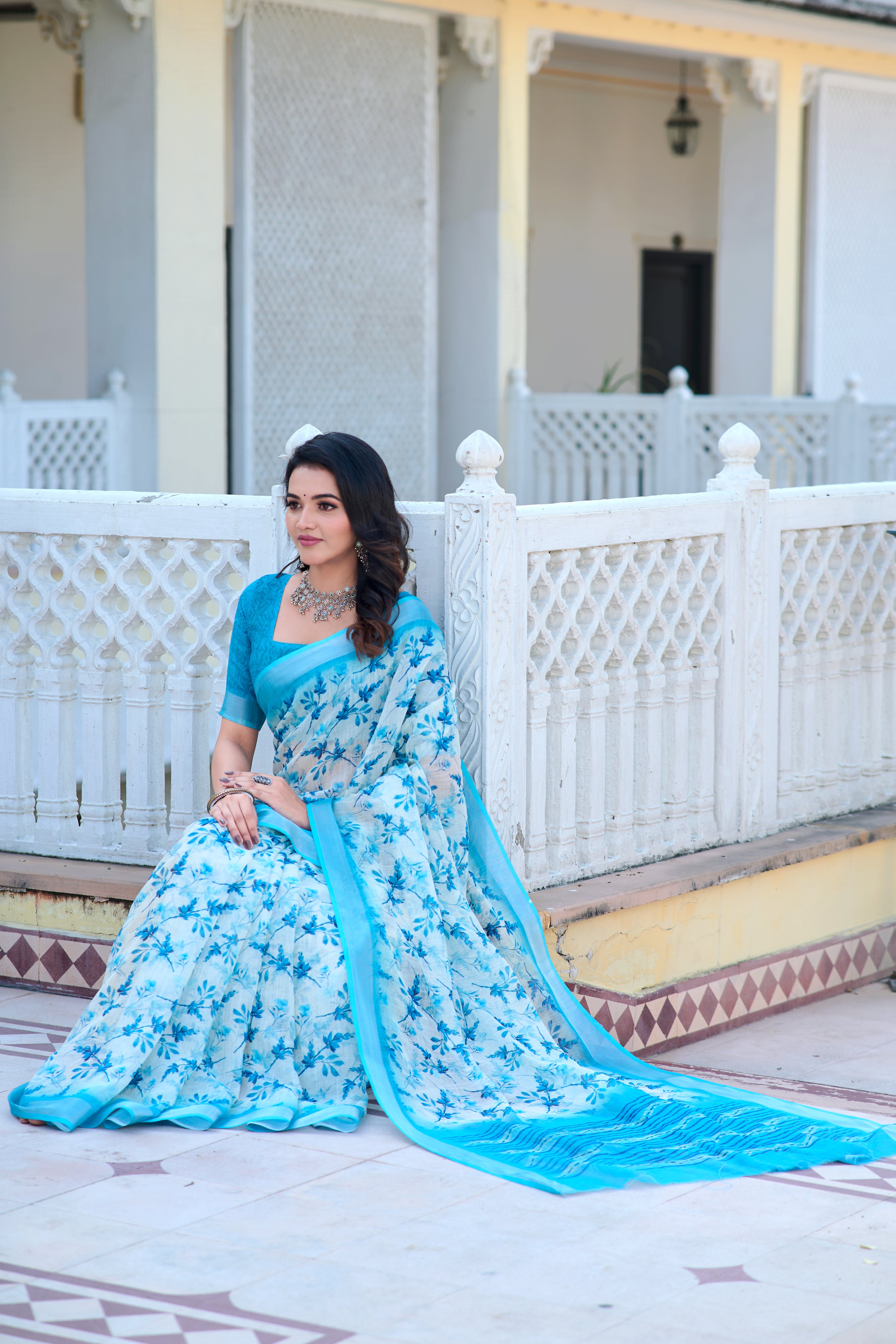 Blissful Sky Blue Color Pure Cotton Lilen With Digital Printed Designer Saree