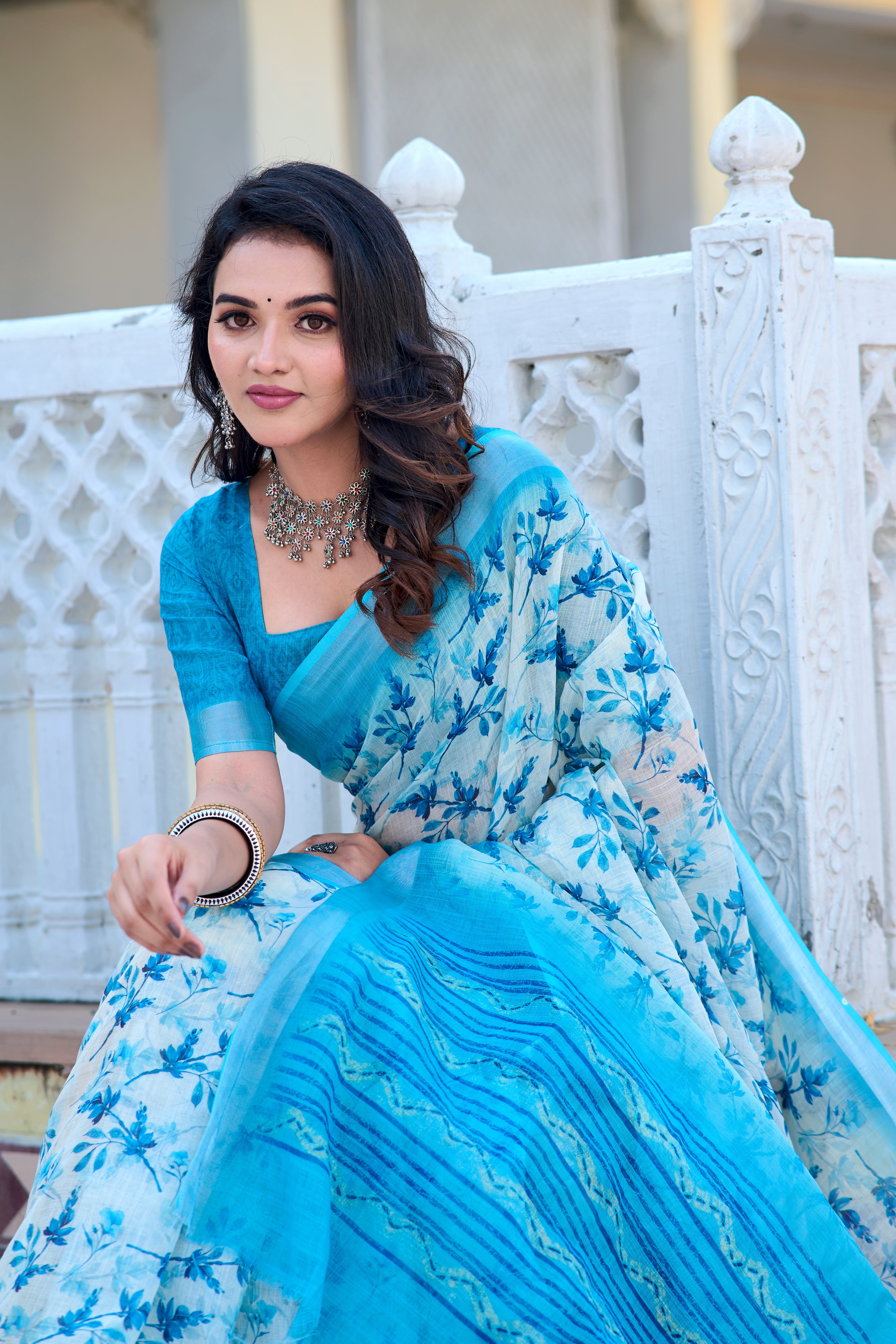 Blissful Sky Blue Color Pure Cotton Lilen With Digital Printed Designer Saree