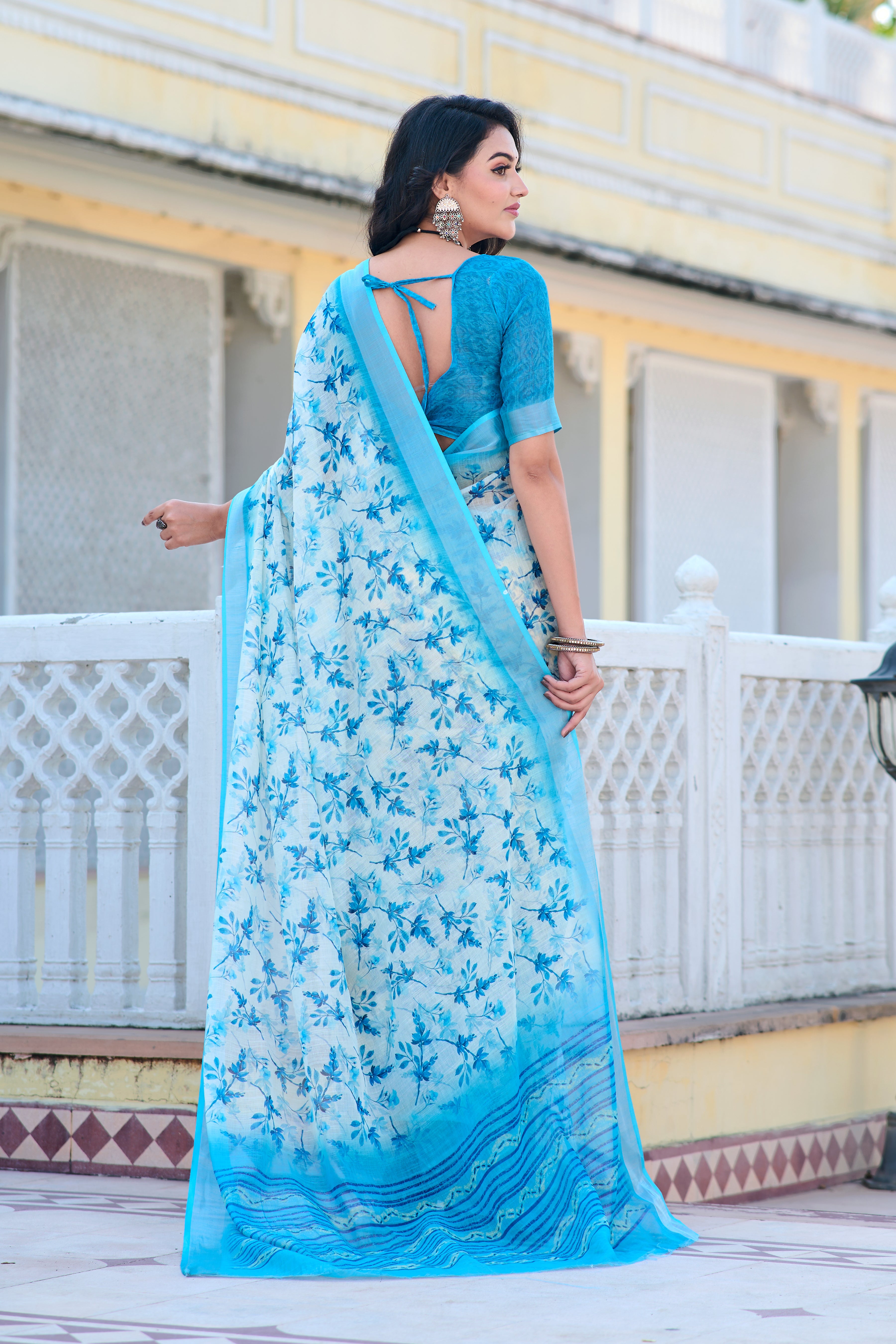 Blissful Sky Blue Color Pure Cotton Lilen With Digital Printed Designer Saree