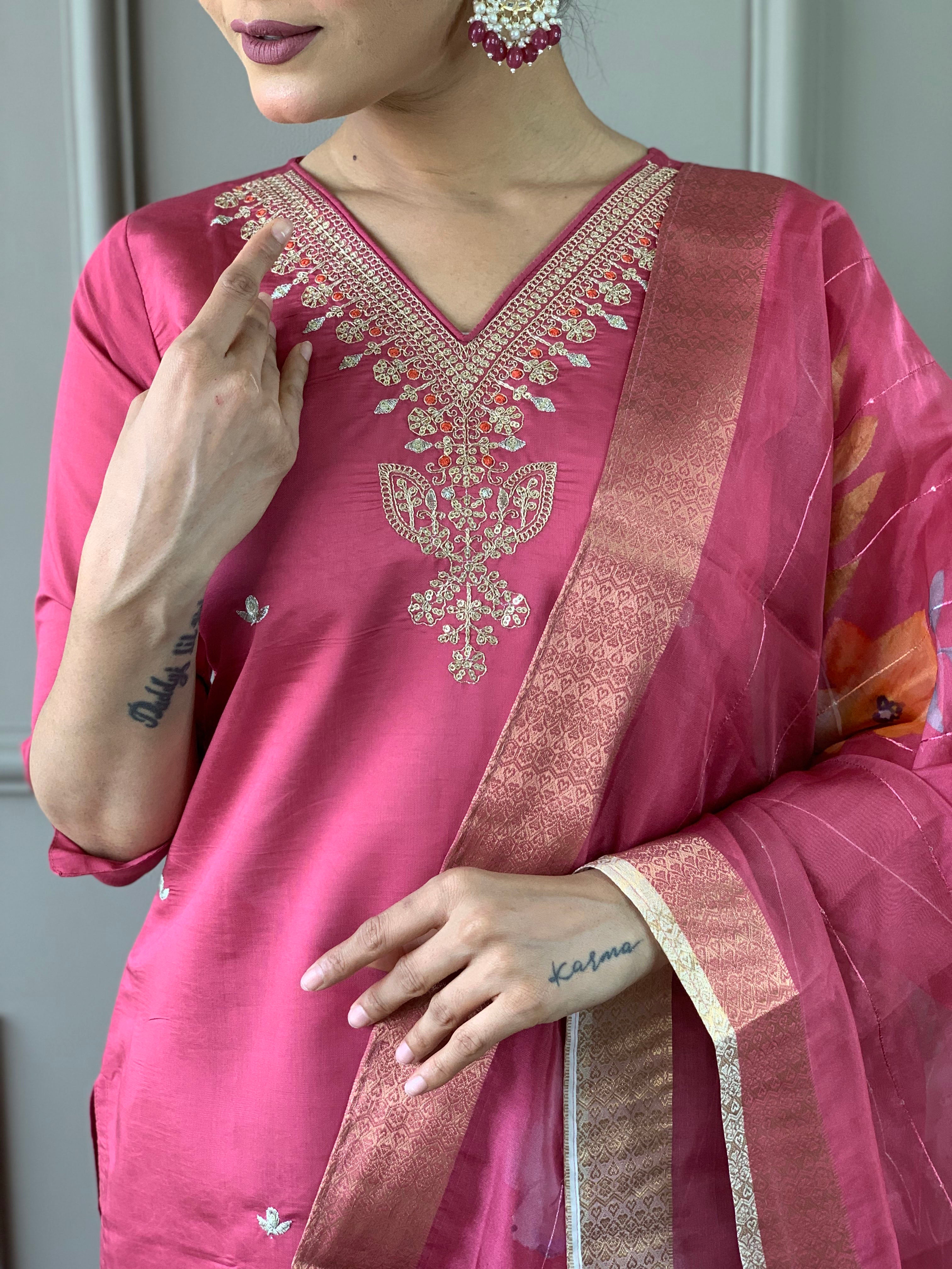 Alluring Pink Color Viscose Chanderi With Embroidery Work Designer Kurta Set