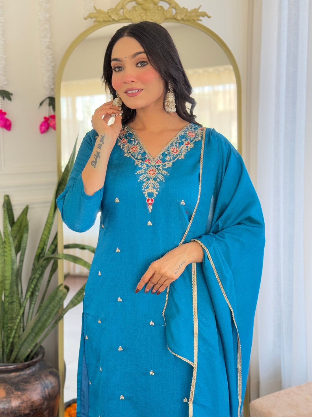 Festive Wear Sky Blue Color Vichitra With Embroidery Work 3 Piece Kurta Set
