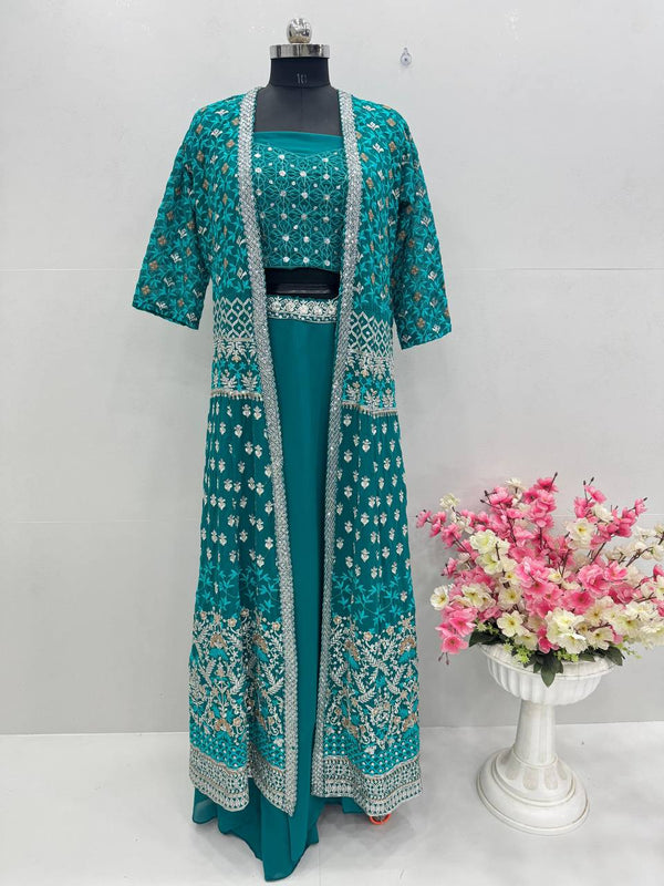 Celebrity Style Aqua Green Color Faux Georgette With Embroidered Sequence Work Lehenga Choli With Koti