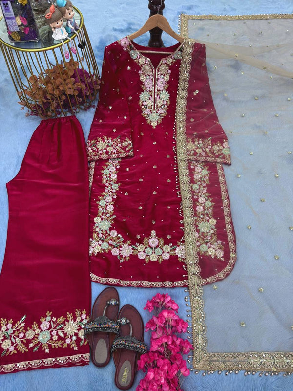 Stunning Maroon Color Pure Jimmy Choo With Heavy Embroidery 5mm Sequence Work Palazzo Suit