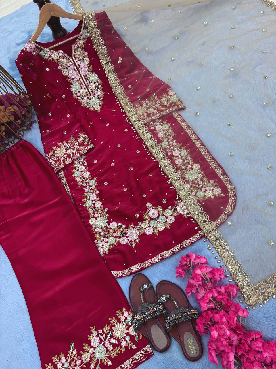 Stunning Maroon Color Pure Jimmy Choo With Heavy Embroidery 5mm Sequence Work Palazzo Suit