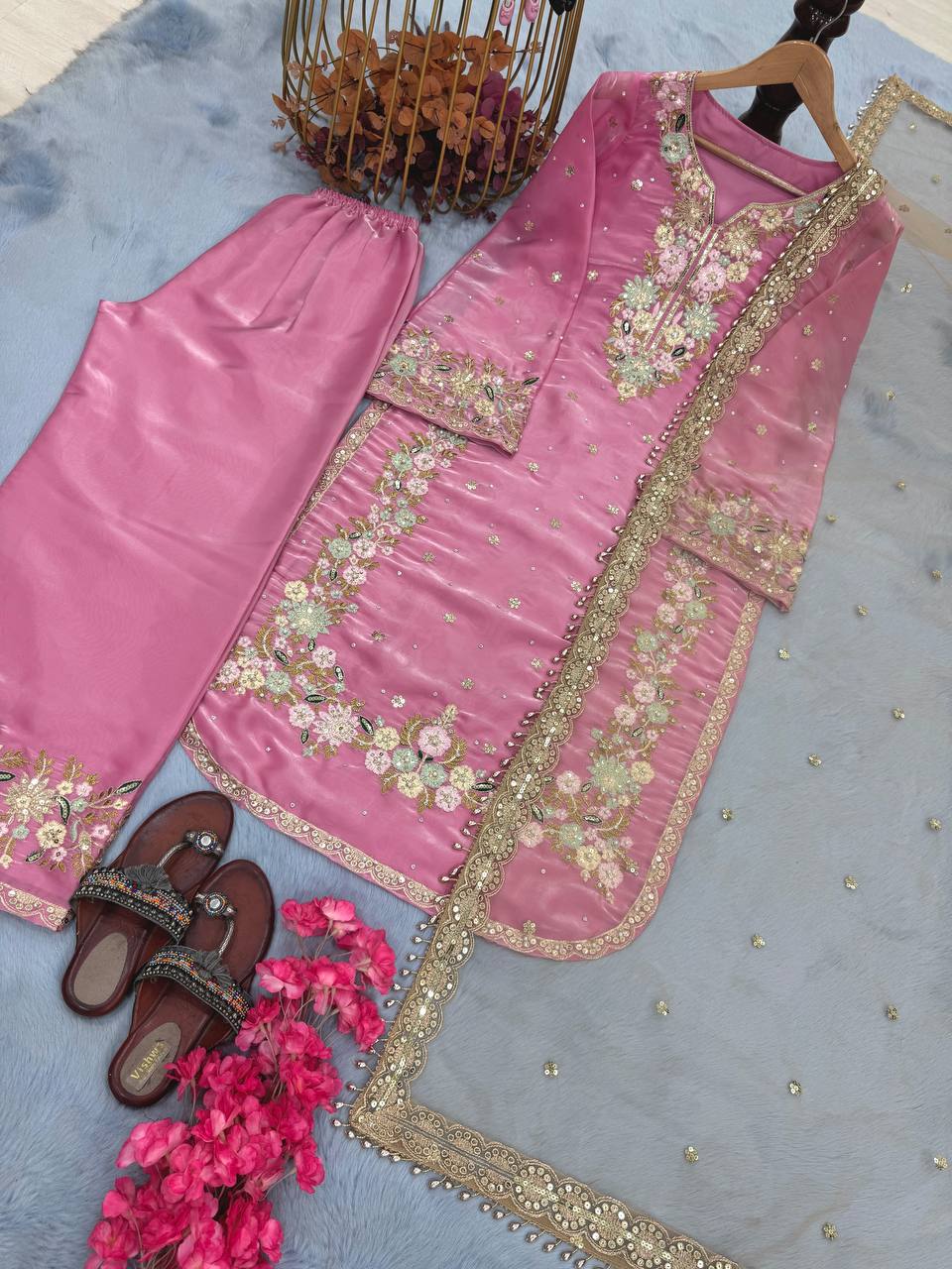 Stunning Baby Pink Color Pure Jimmy Choo With Heavy Embroidery 5mm Sequence Work Palazzo Suit