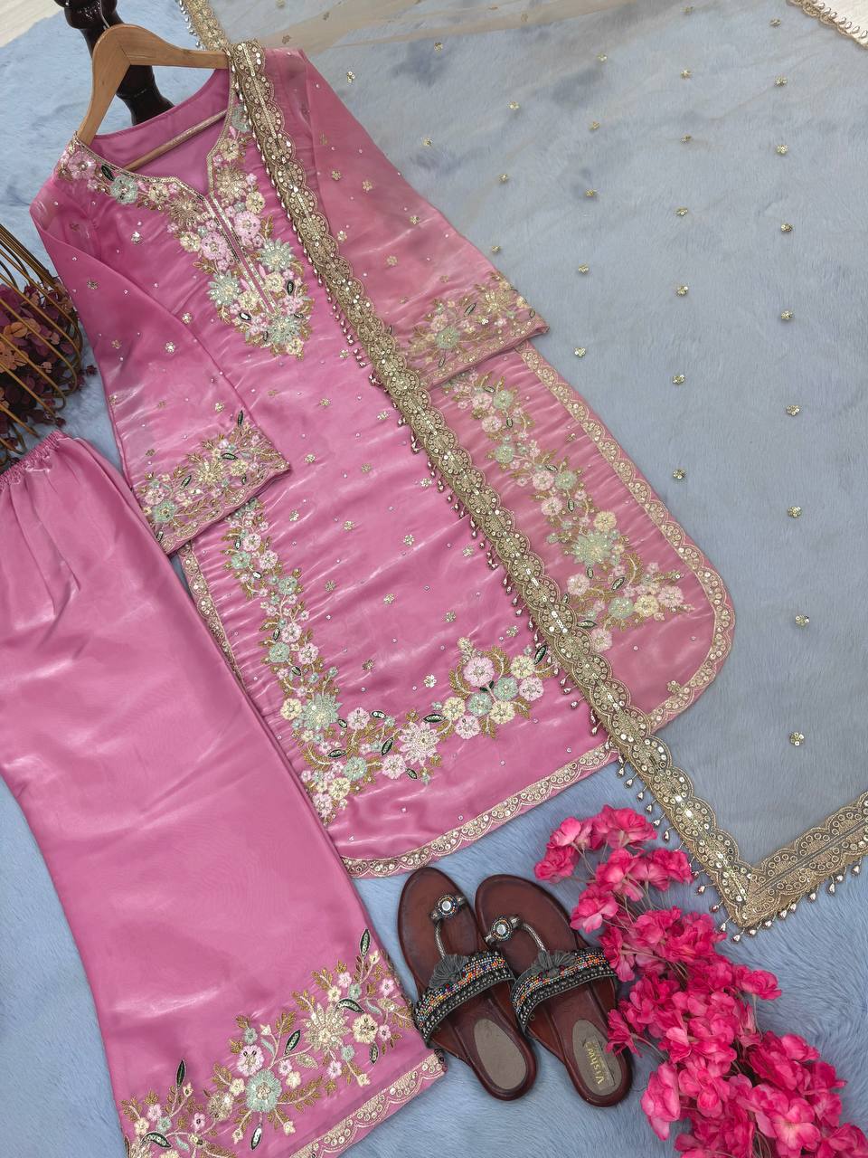 Stunning Baby Pink Color Pure Jimmy Choo With Heavy Embroidery 5mm Sequence Work Palazzo Suit