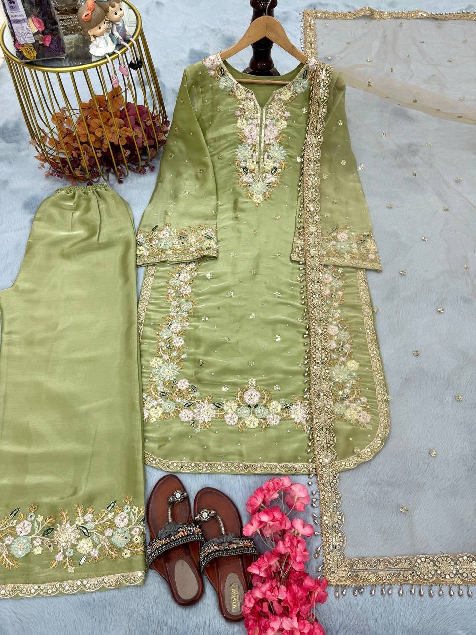 Stunning Green Color Pure Jimmy Choo With Heavy Embroidery 5mm Sequence Work Palazzo Suit