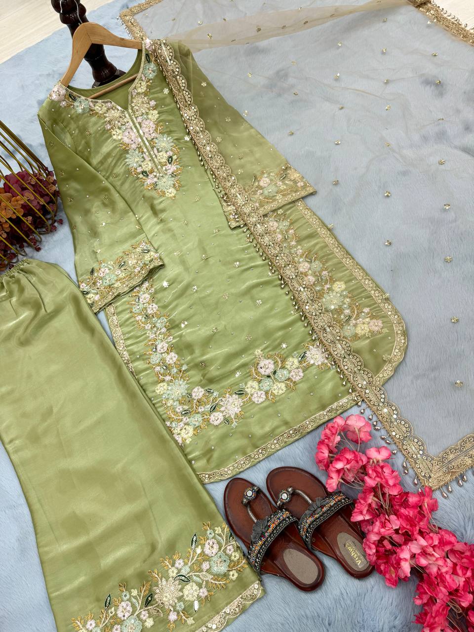 Stunning Green Color Pure Jimmy Choo With Heavy Embroidery 5mm Sequence Work Palazzo Suit