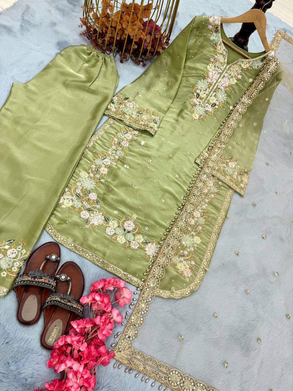 Stunning Green Color Pure Jimmy Choo With Heavy Embroidery 5mm Sequence Work Palazzo Suit